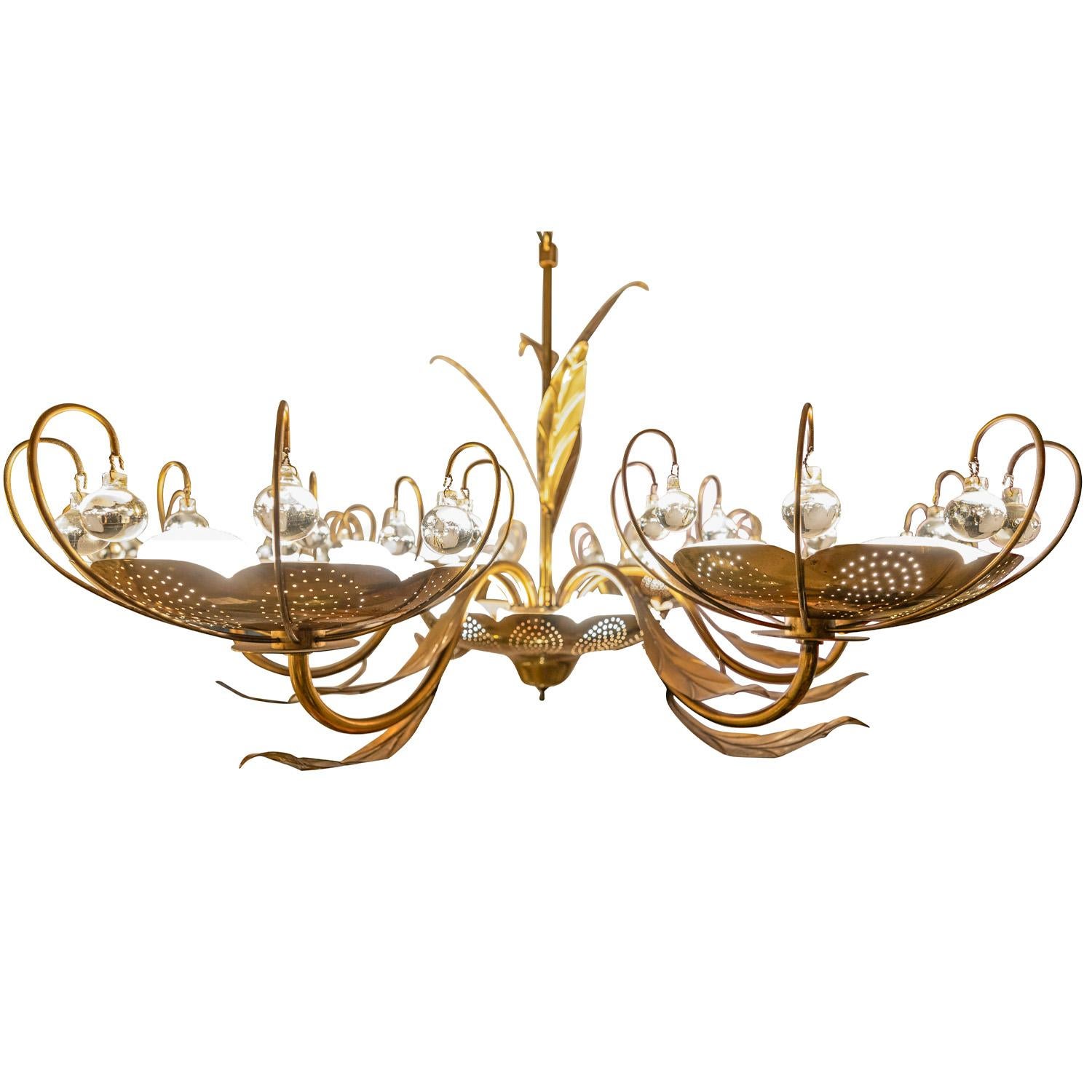 Mid-Century Modern Paavo Tynell Style 6-Arm Chandelier in Brass with Leaf Motif and Crystals 1960s