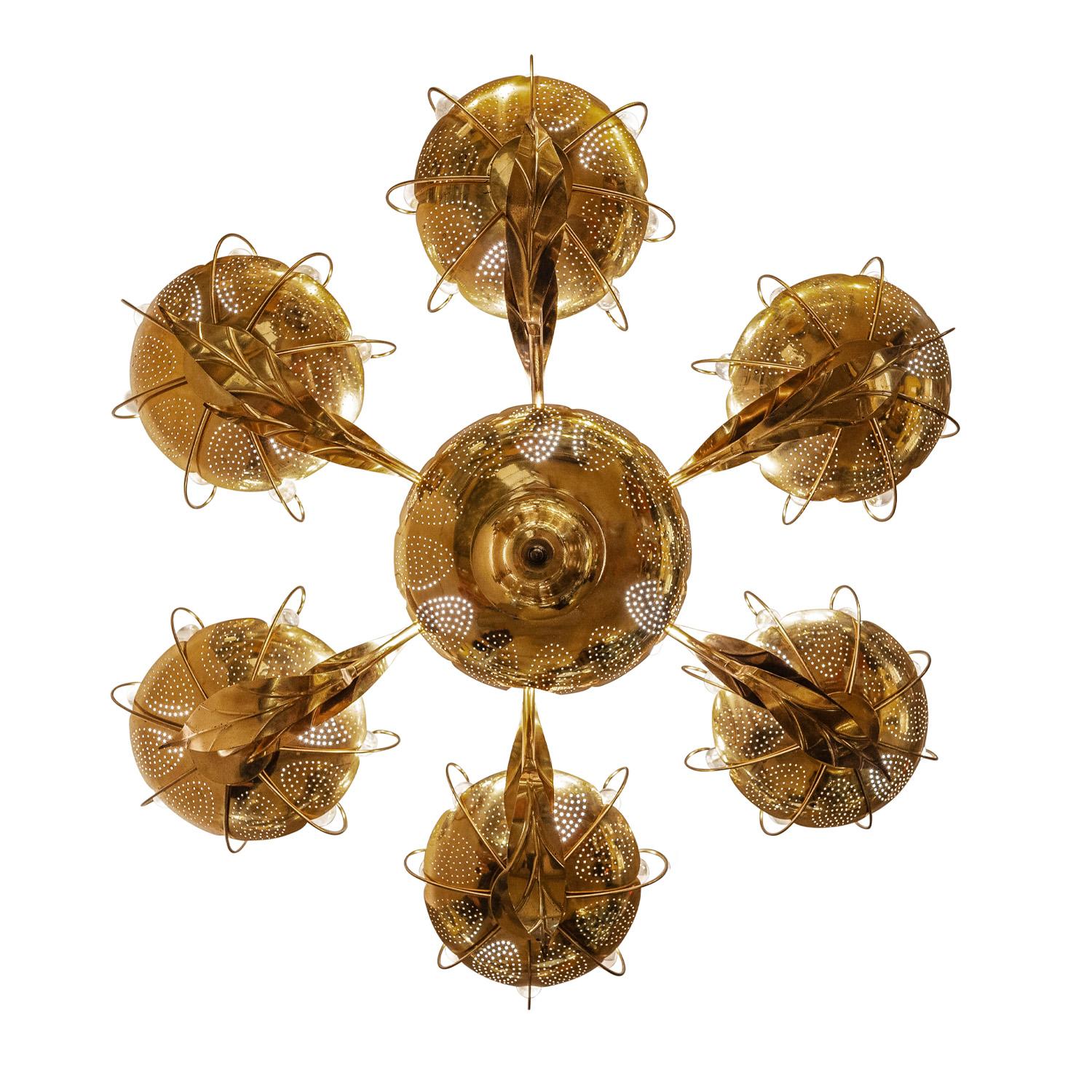 American Paavo Tynell Style 6-Arm Chandelier in Brass with Leaf Motif and Crystals 1960s