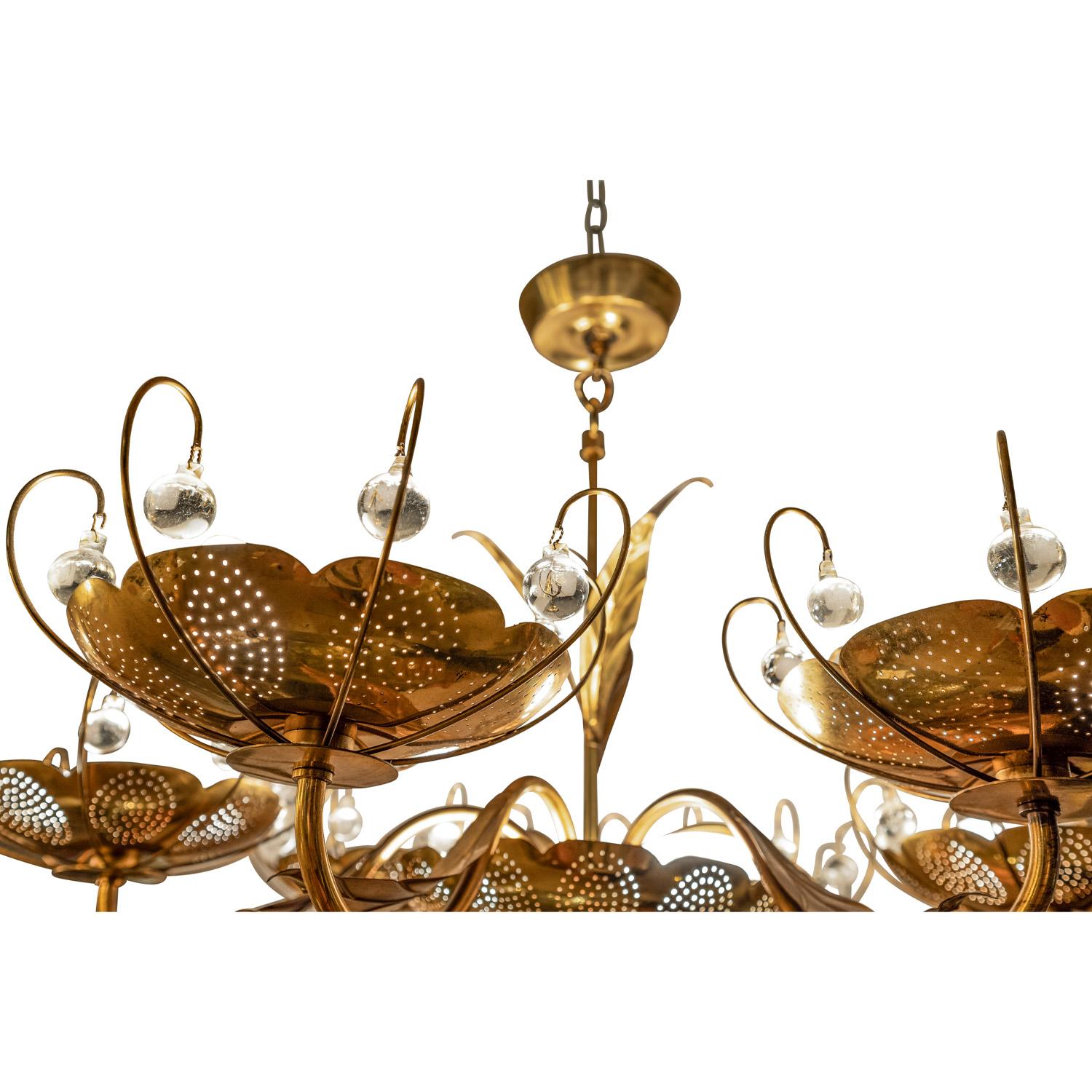 Hand-Crafted Paavo Tynell Style 6-Arm Chandelier in Brass with Leaf Motif and Crystals 1960s
