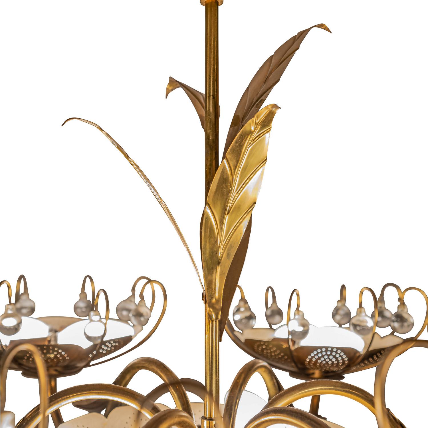 Mid-20th Century Paavo Tynell Style 6-Arm Chandelier in Brass with Leaf Motif and Crystals 1960s
