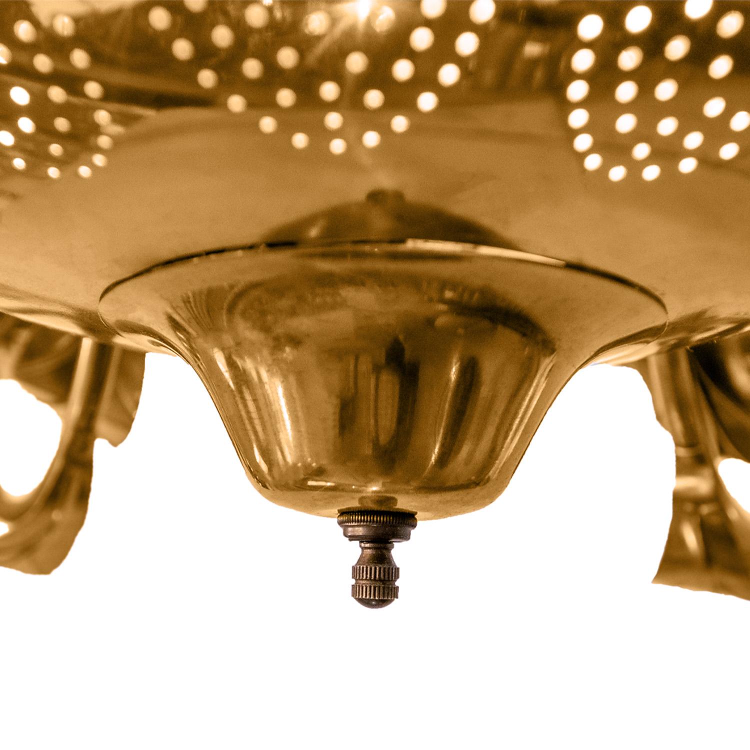 Paavo Tynell Style 6-Arm Chandelier in Brass with Leaf Motif and Crystals 1960s 1
