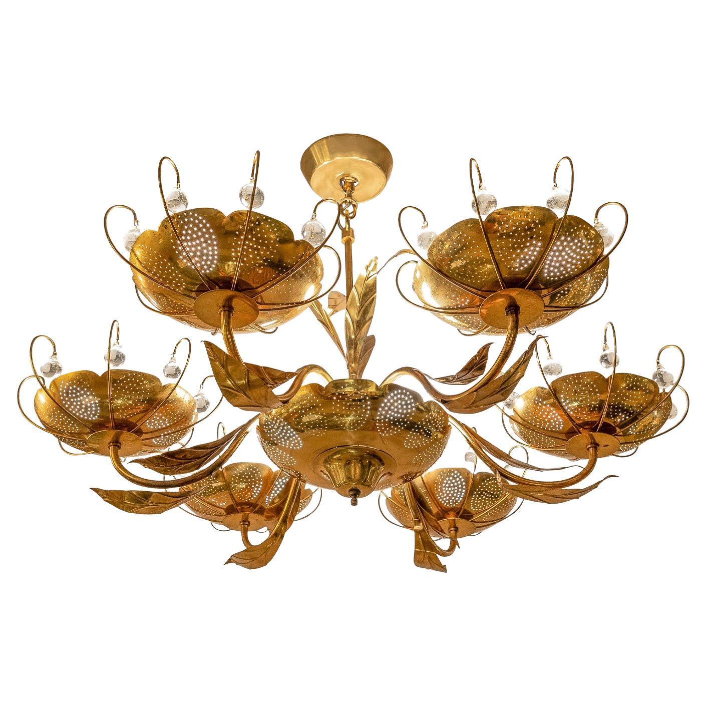 Paavo Tynell Style 6-Arm Chandelier in Brass with Leaf Motif and Crystals 1960s