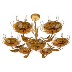 Paavo Tynell Style 6-Arm Chandelier in Brass with Leaf Motif and Crystals 1960s