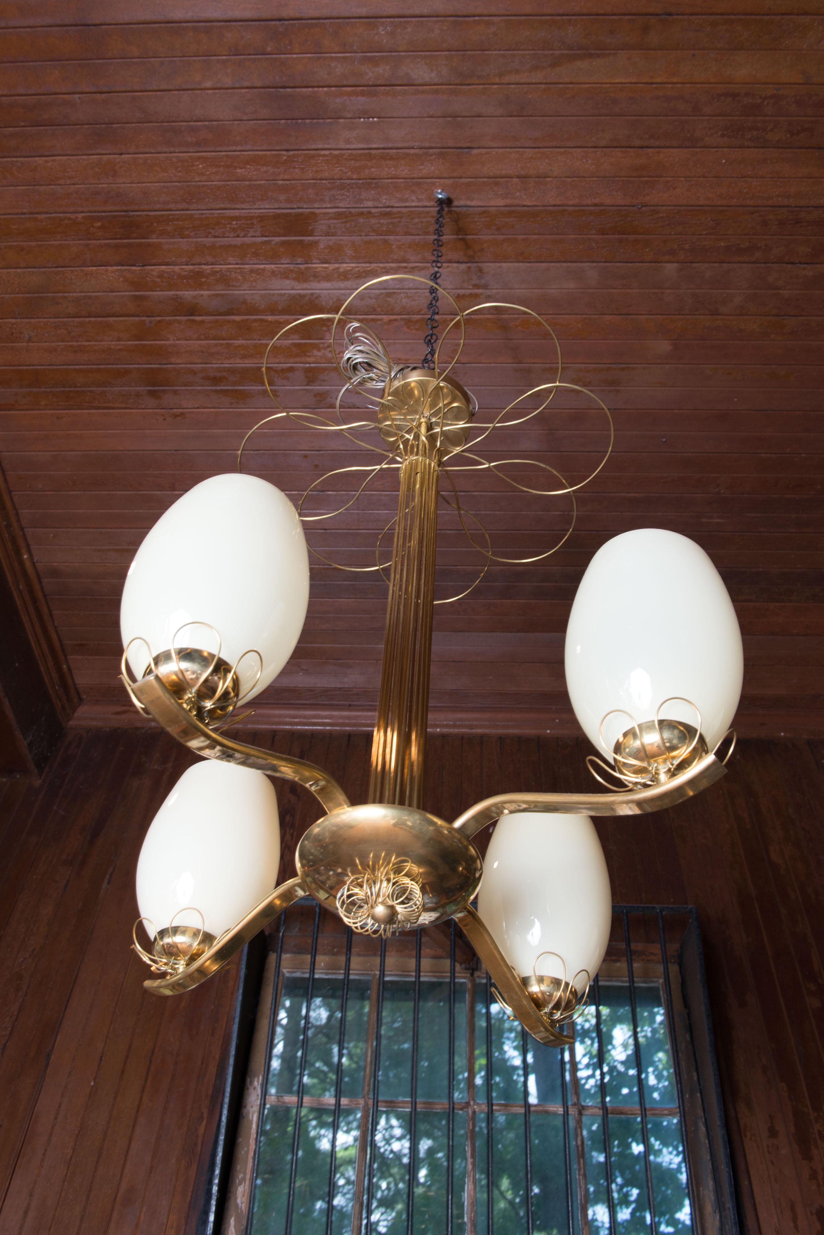 Paavo Tynell Style Brass Chandelier & Hand Blown Glass For Sale 4