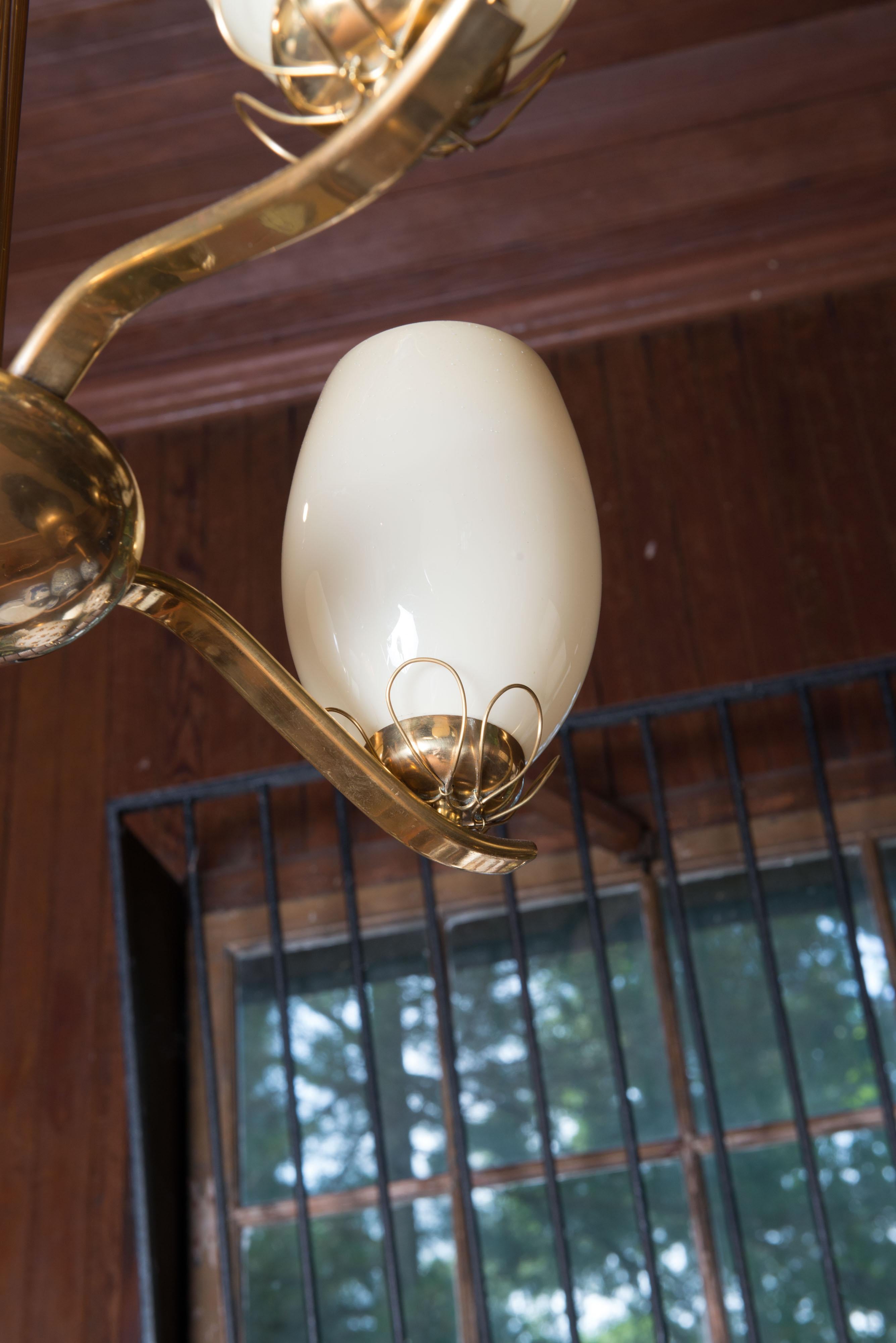 Paavo Tynell Style Brass Chandelier & Hand Blown Glass For Sale 5