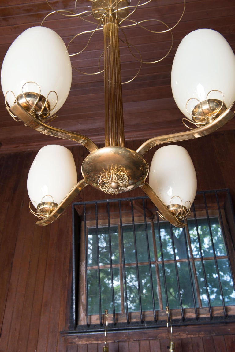 Paavo Tynell Style Brass Chandelier & Hand Blown Glass For Sale 6