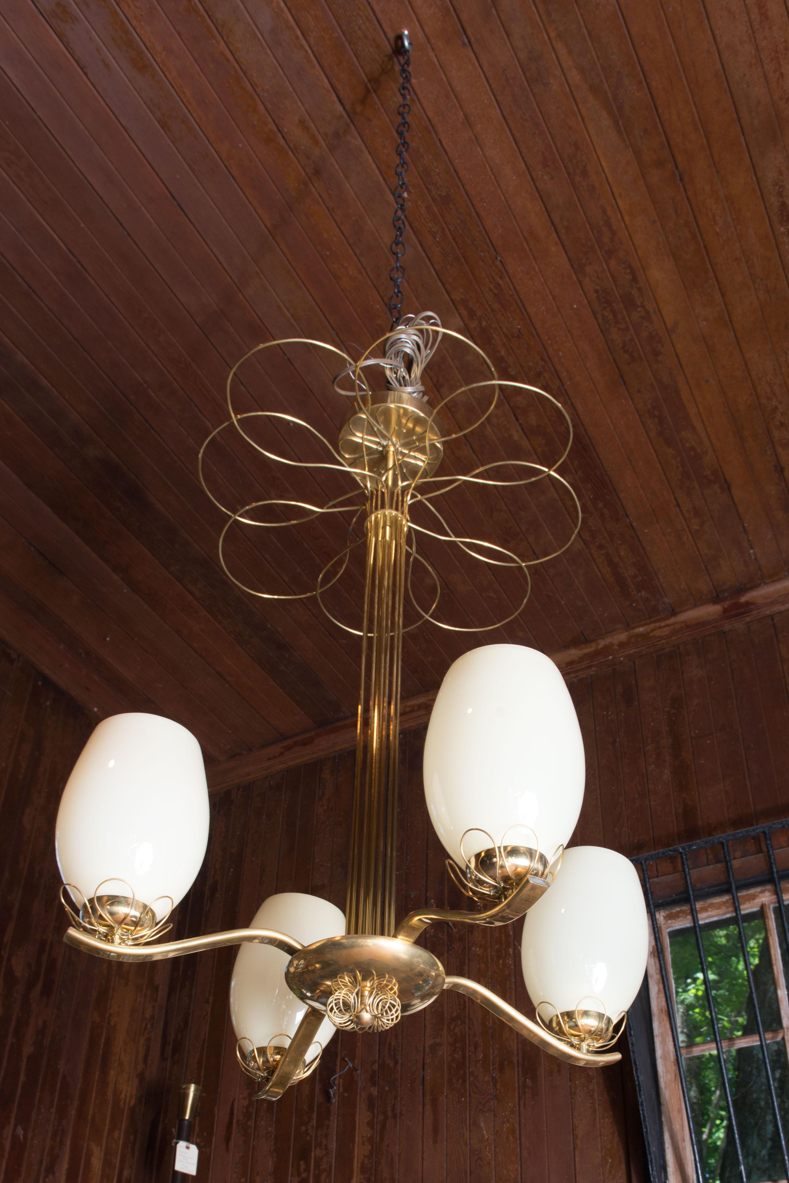 Paavo Tynell Style Brass Chandelier & Hand Blown Glass For Sale 7