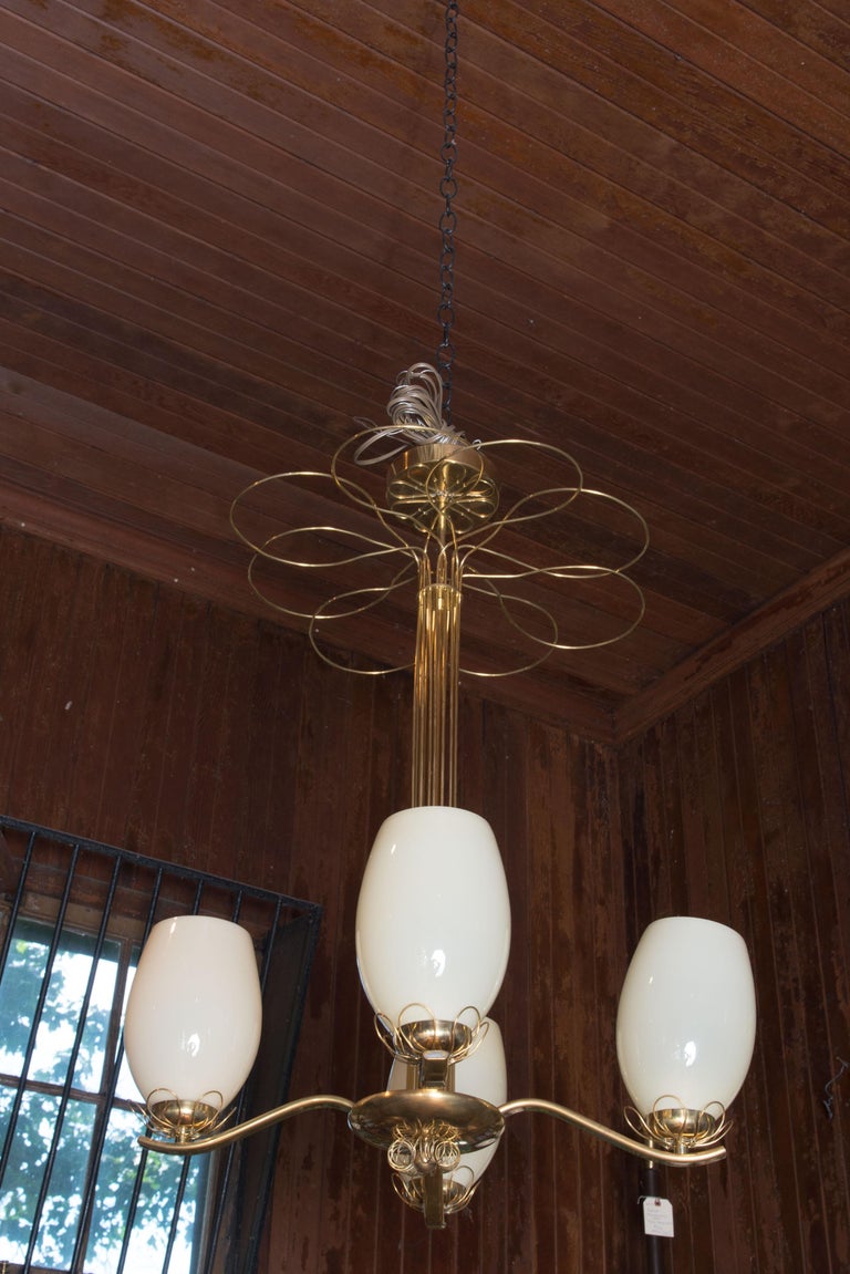 Paavo Tynell Style Brass Chandelier & Hand Blown Glass For Sale 8