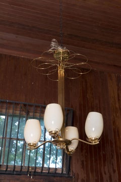 Paavo Tynell Style Brass Chandelier & Hand Blown Glass