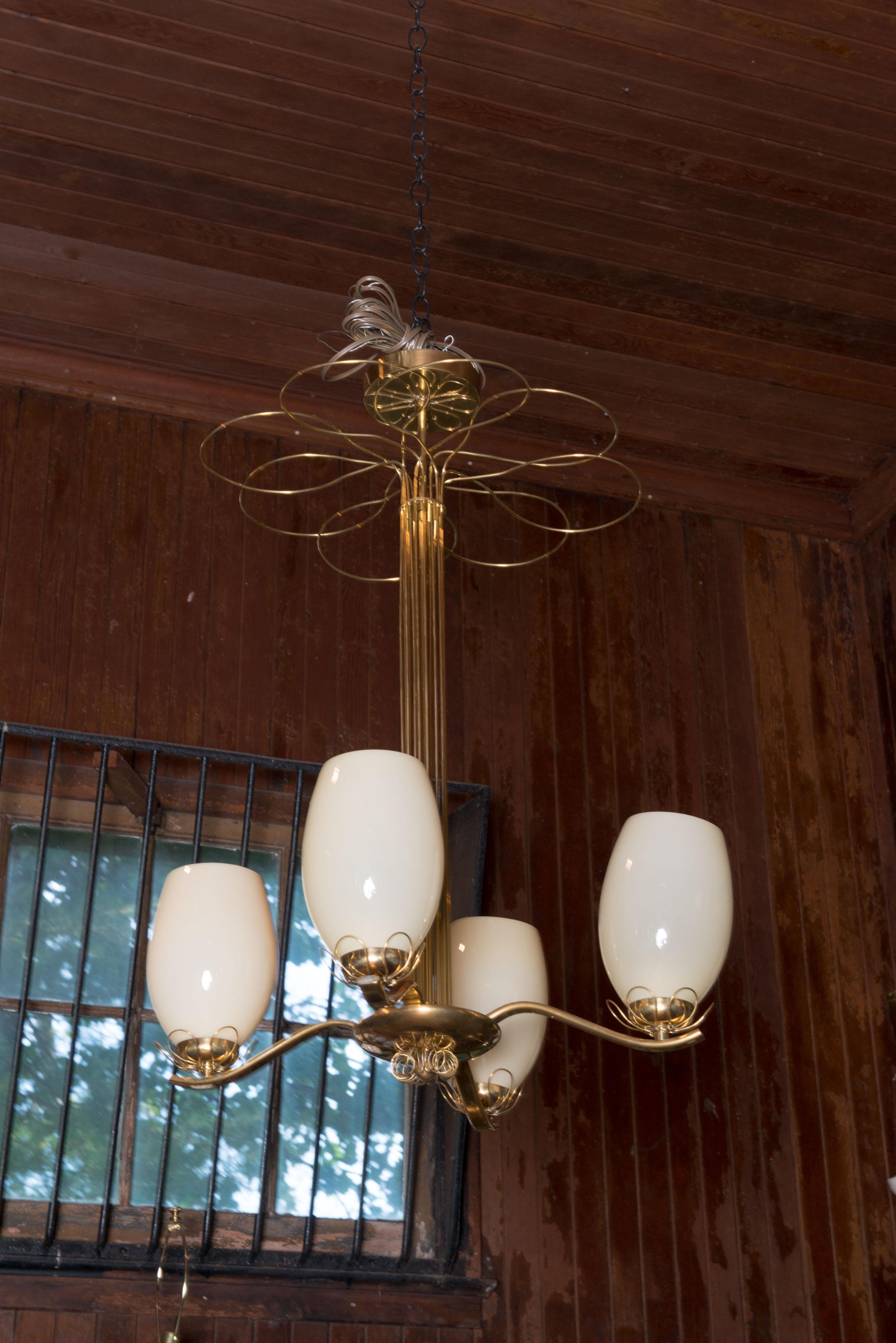 Mid-Century Modern Paavo Tynell Style Brass Chandelier & Hand Blown Glass For Sale