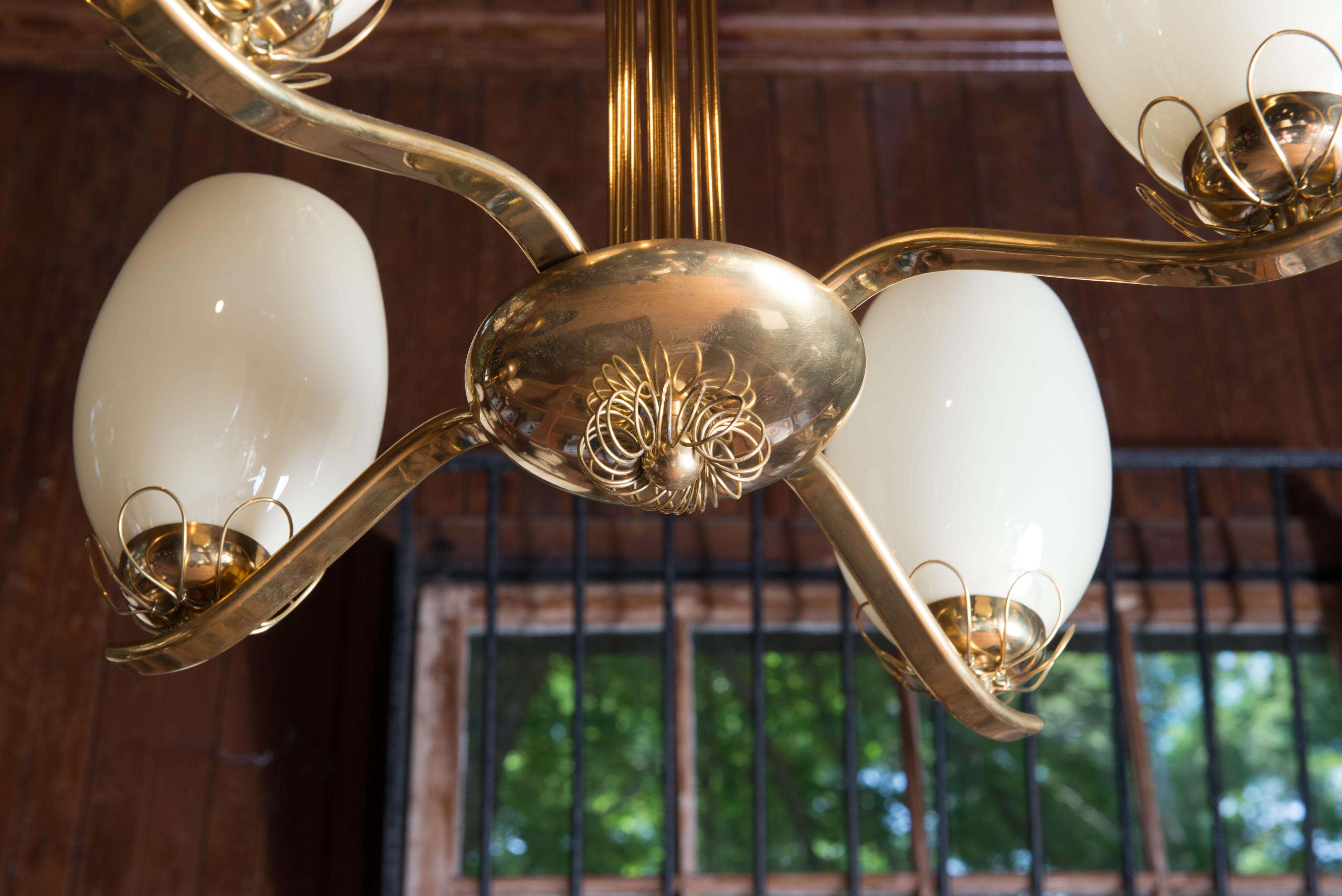 Paavo Tynell Style Brass Chandelier & Hand Blown Glass In Good Condition For Sale In Stamford, CT