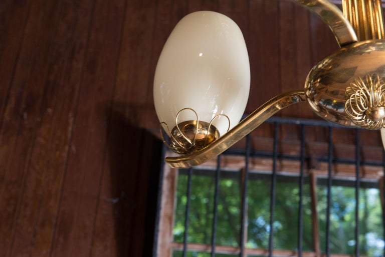 Mid-20th Century Paavo Tynell Style Brass Chandelier & Hand Blown Glass For Sale