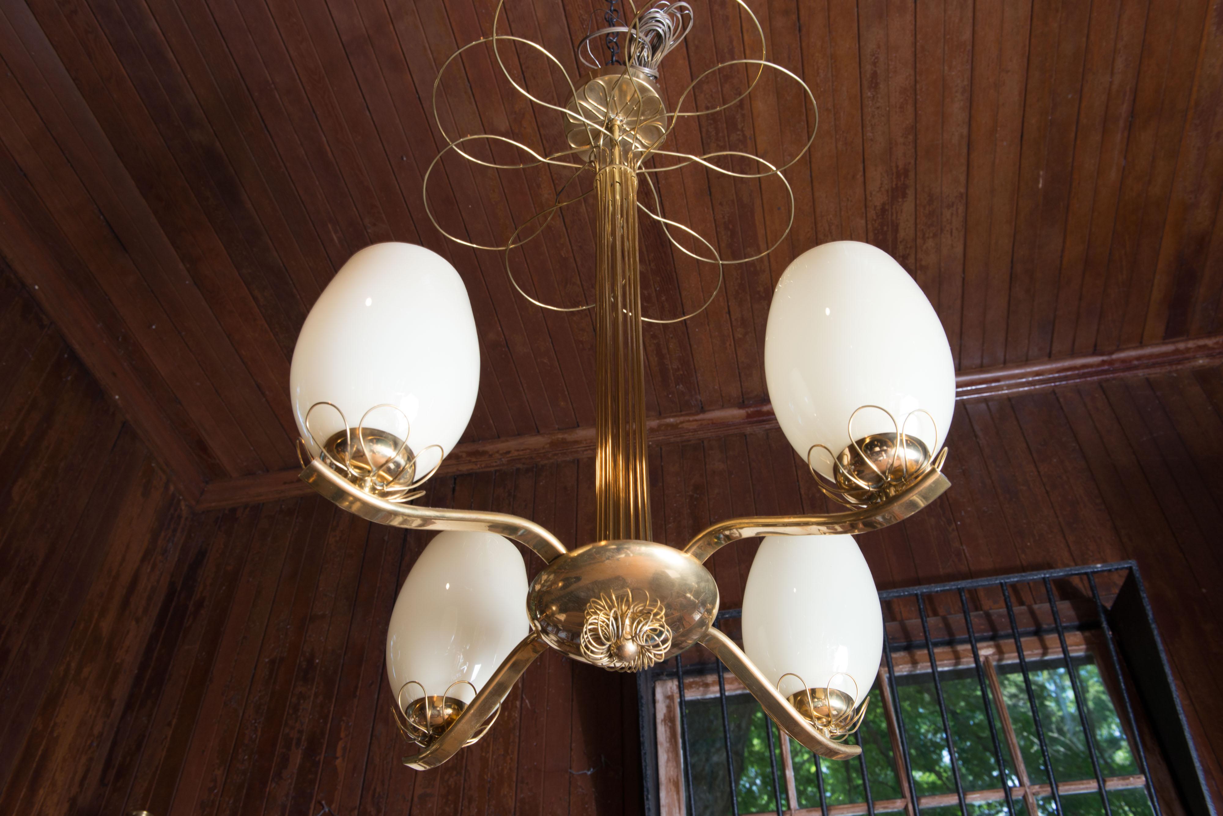 Paavo Tynell Style Brass Chandelier & Hand Blown Glass For Sale 1