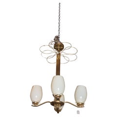 Paavo Tynell Style Brass Chandelier & Hand Blown Glass