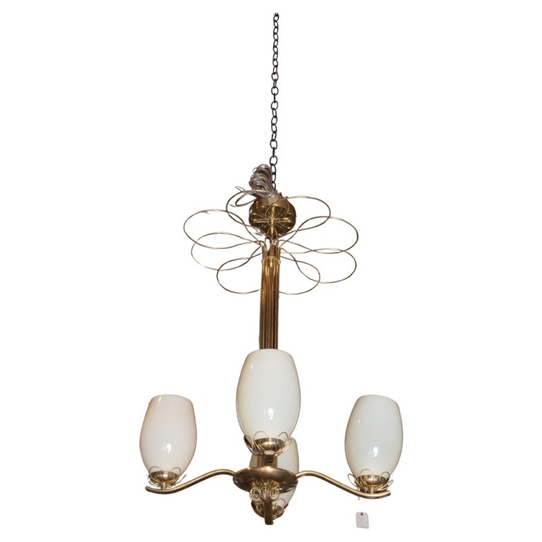 Paavo Tynell Style Brass Chandelier & Hand Blown Glass For Sale