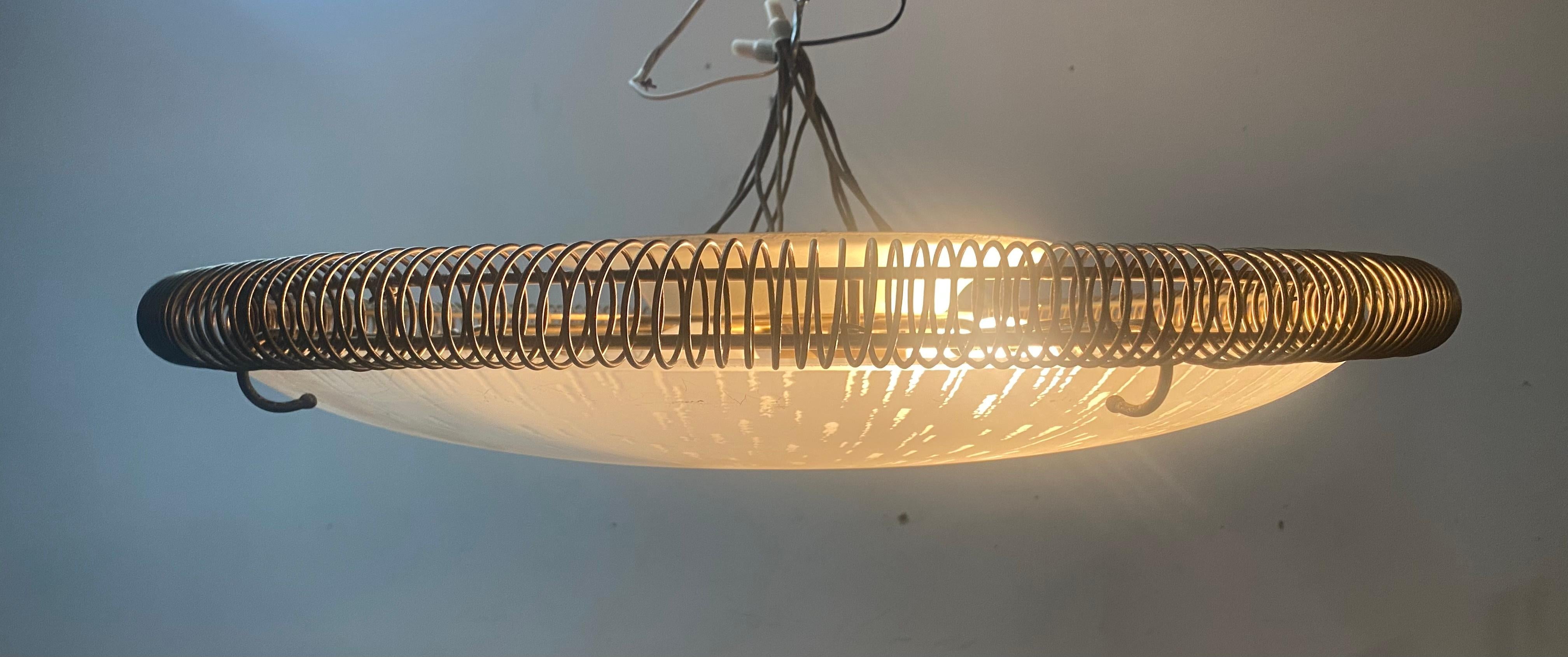 Mid-Century Modern Paavo Tynell Style Brass/Glass Flush Mount Lamp by Lightolier, 1950, USA For Sale
