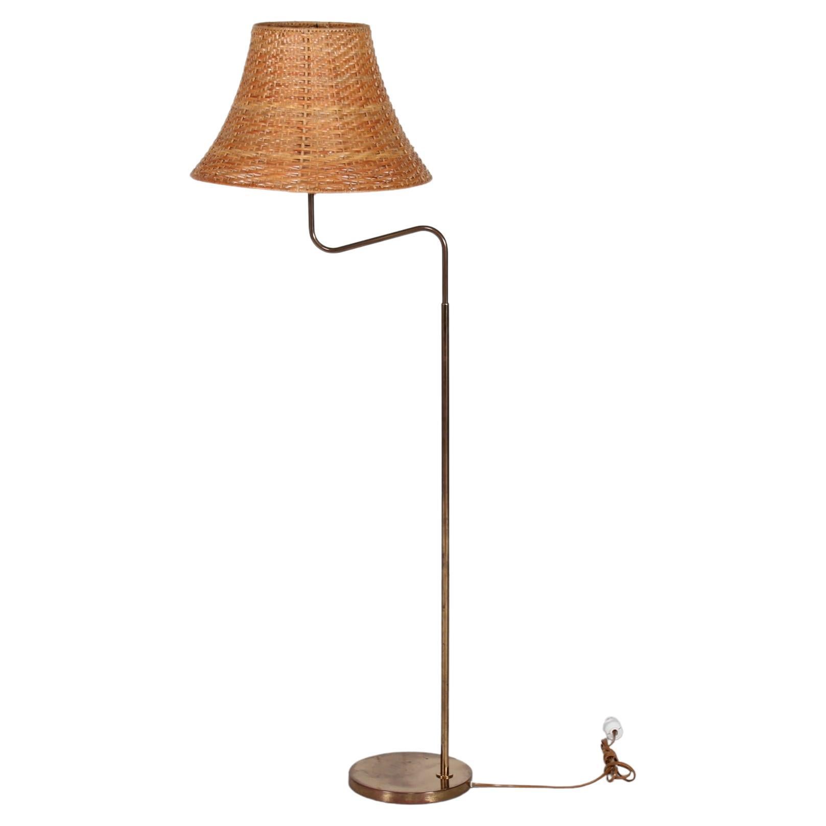 Paavo Tynell Style Floor Lamp of Brass with Cane Shade by Bergboms Sweden 1970s