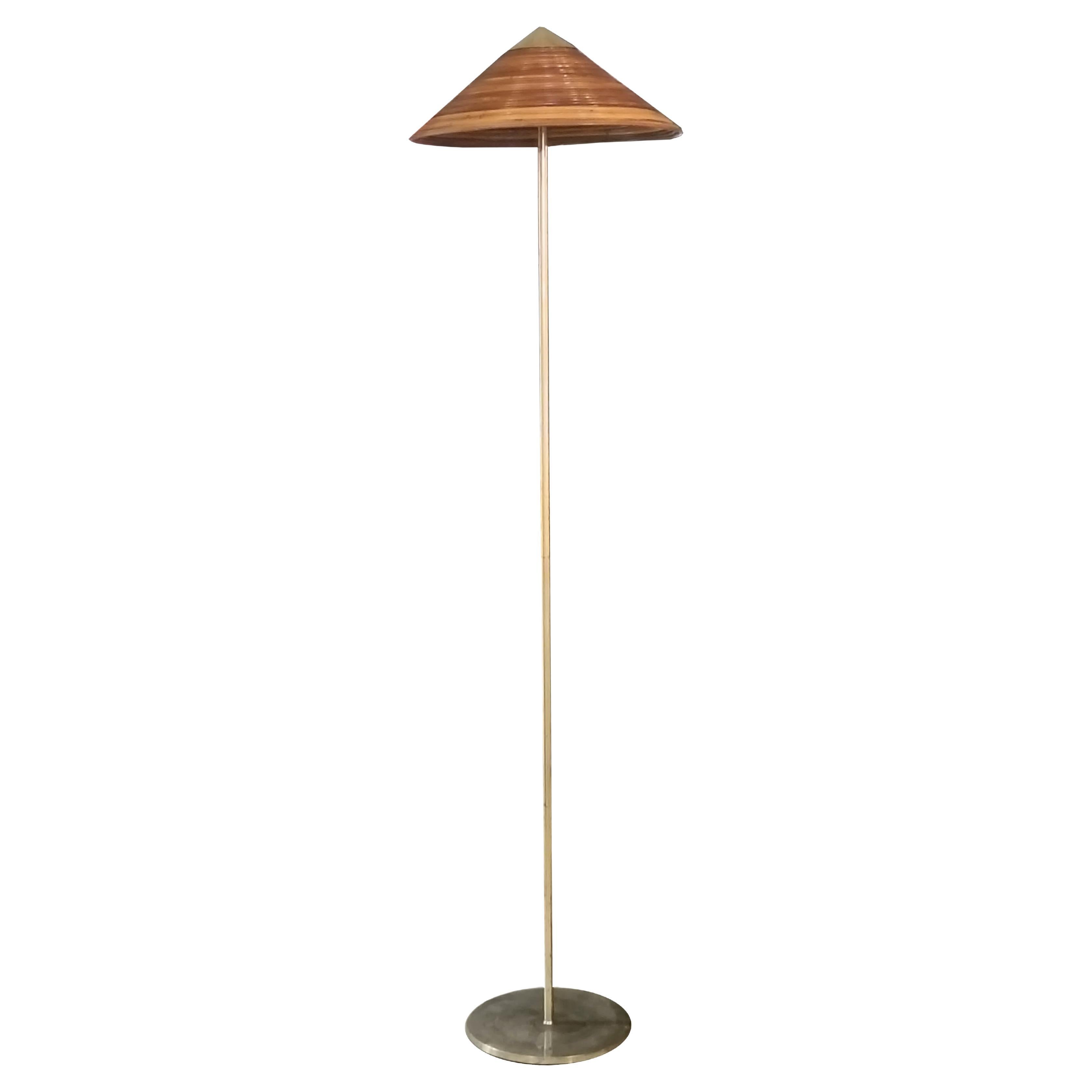Paavo Tynell Style Brass and Rattan Floor Lamp, Italy 1960s