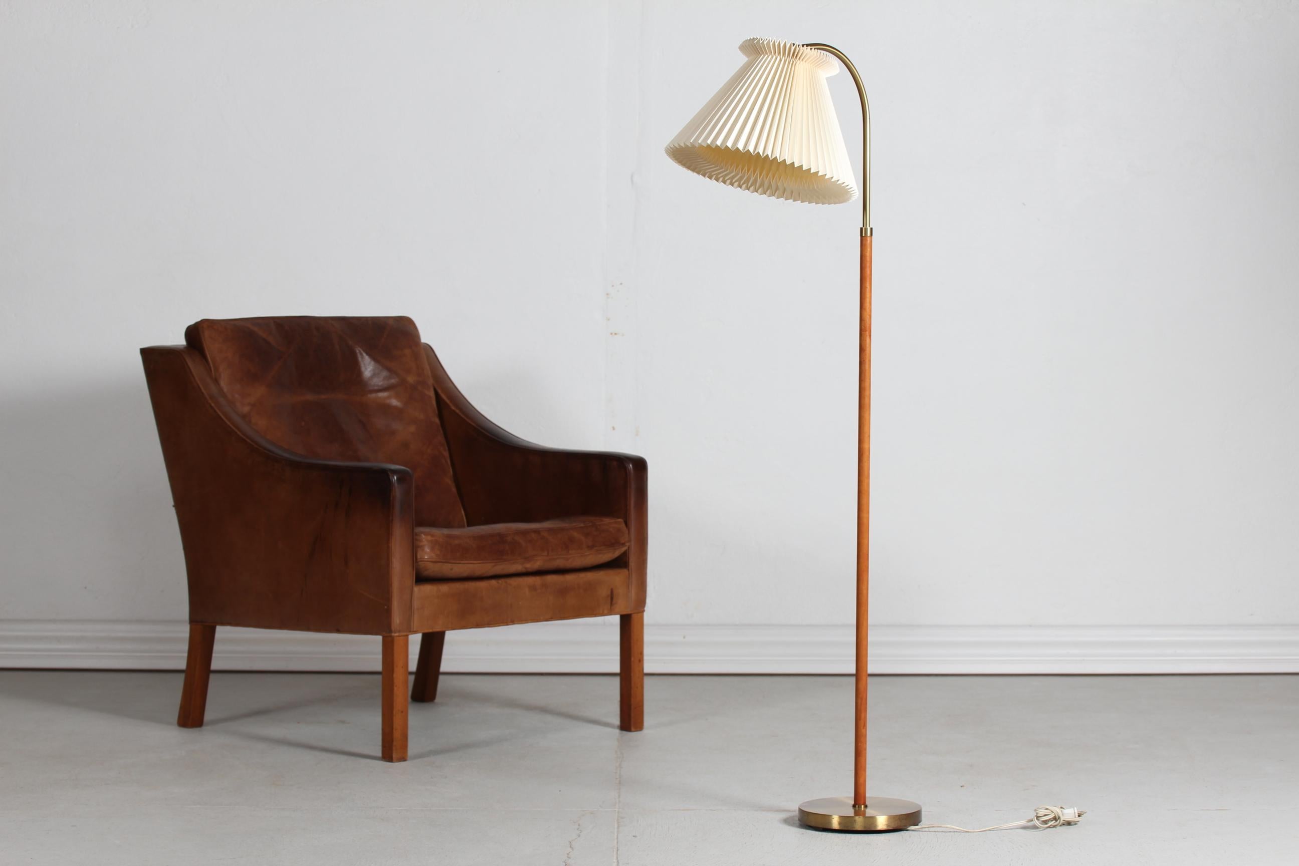 Paavo Tynell Style Leather + Brass Floor Lamp with Original Le Klint Shade 1950s 4