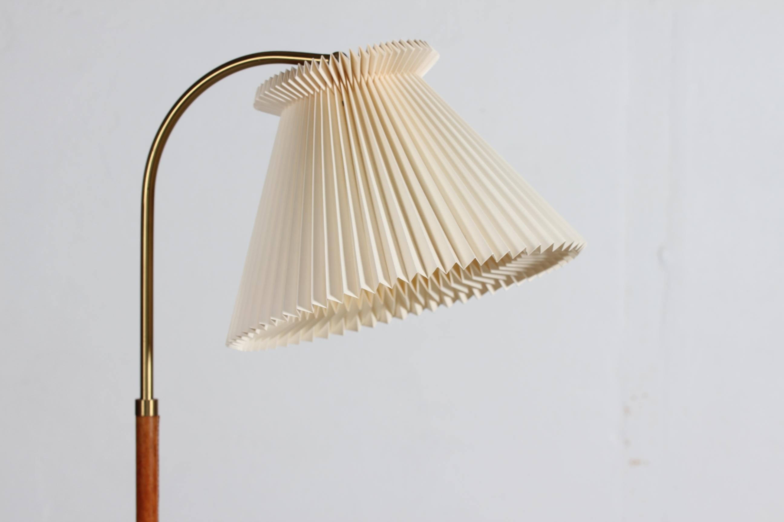Scandinavian Modern Paavo Tynell Style Leather + Brass Floor Lamp with Original Le Klint Shade 1950s