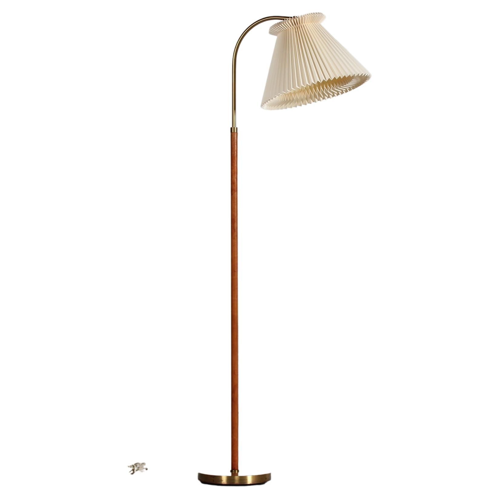 Paavo Tynell Style Leather + Brass Floor Lamp with Original Le Klint Shade 1950s