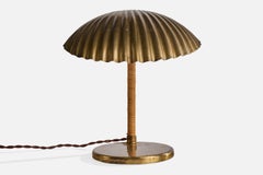 Paavo Tynell, Table Lamp, Brass, Rattan, Finland, 1940s