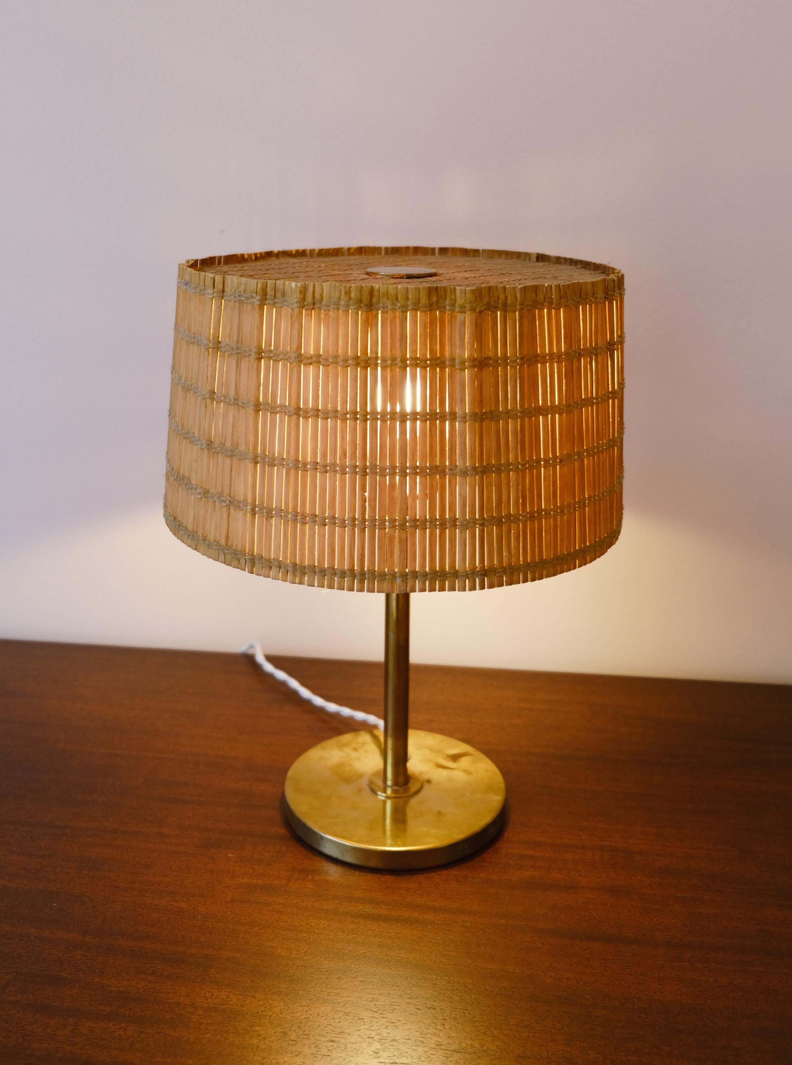 Finnish Paavo Tynell Table Lamp in Brass, Rattan & Wood For Sale
