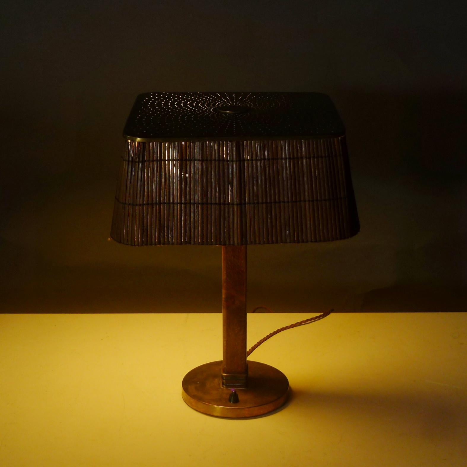 Scandinavian Modern Paavo Tynell, Table Lamp model 5066, Taito Oy, 1940s, rattan shade
