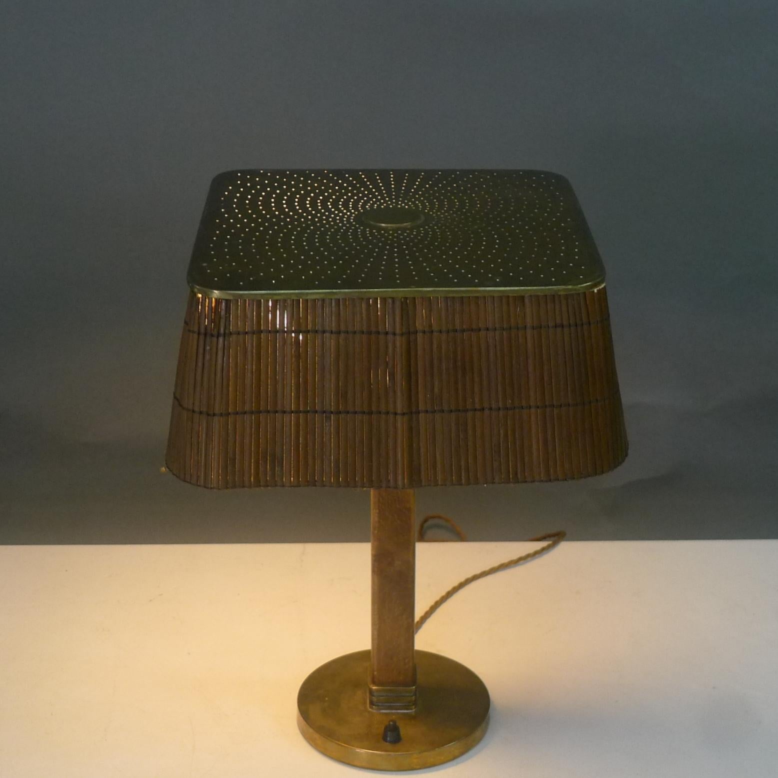 Finnish Paavo Tynell, Table Lamp model 5066, Taito Oy, 1940s, rattan shade