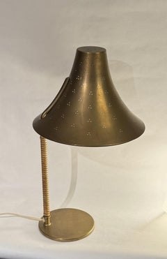 Paavo Tynell Model 9208 Brass and Rattan Table Lamp for Taito Oy