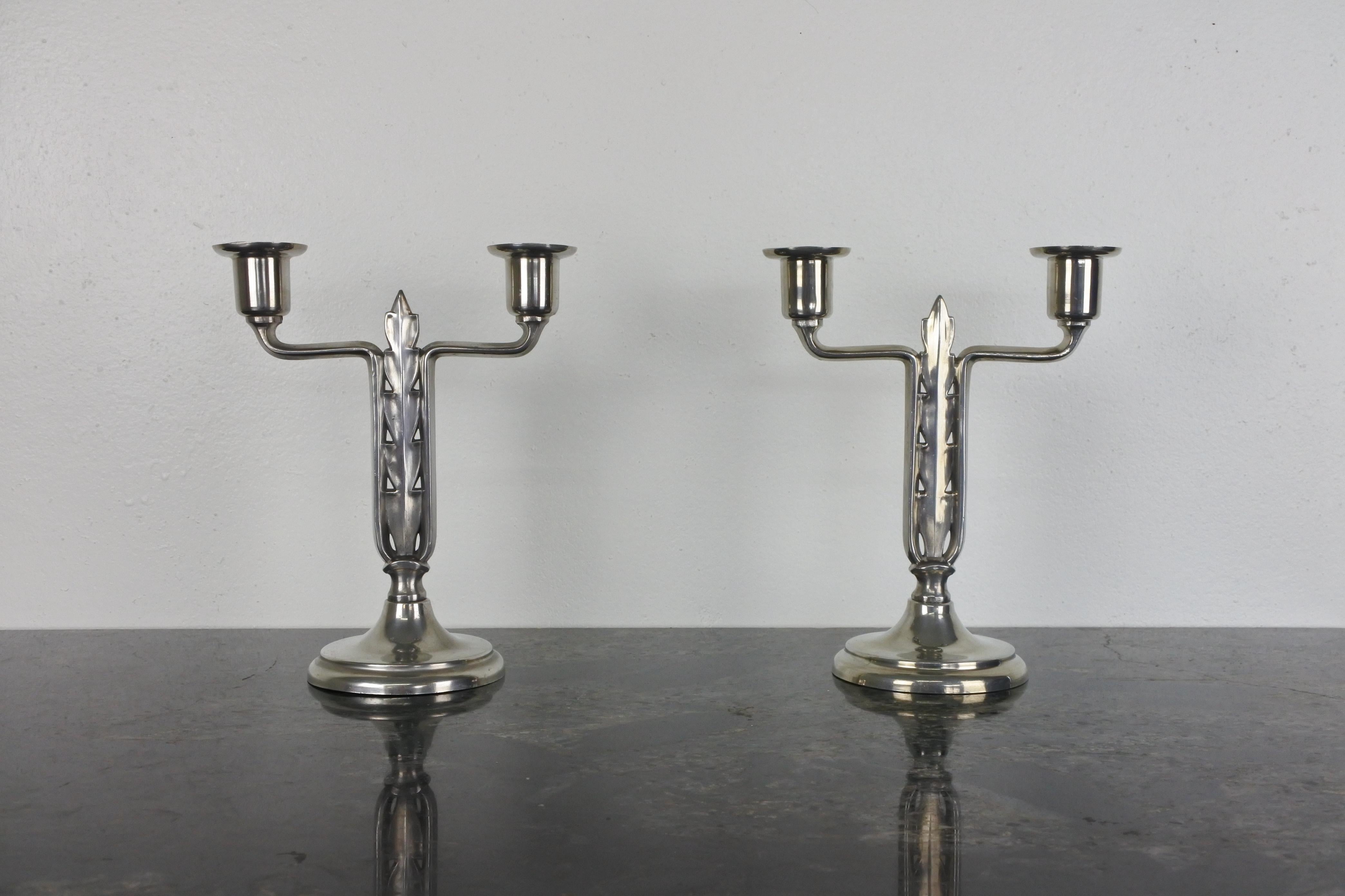 Silvered Paavo Tynell & Taito, Pair of Art Deco Silver Plated Candelabra, Finland, 1930s For Sale