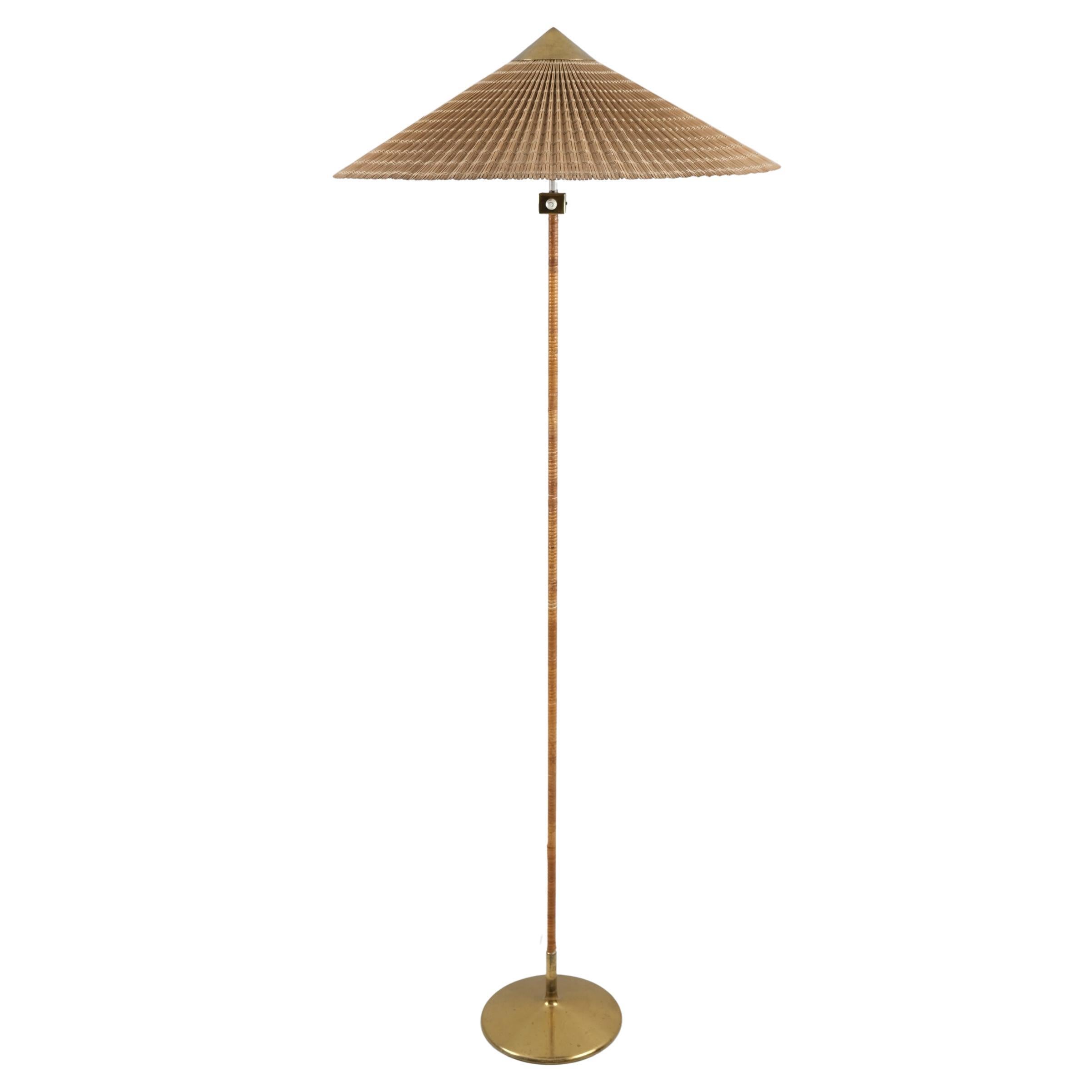 Paavo Tynell "Trumpet" Chinese Hat Floor Lamp 9602 Brass & Rattan, Taito 1940s