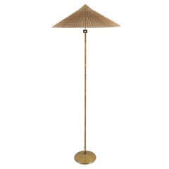 Paavo Tynell "Trumpet" Chinese Hat Floor Lamp 9602 Brass & Rattan, Taito 1940s