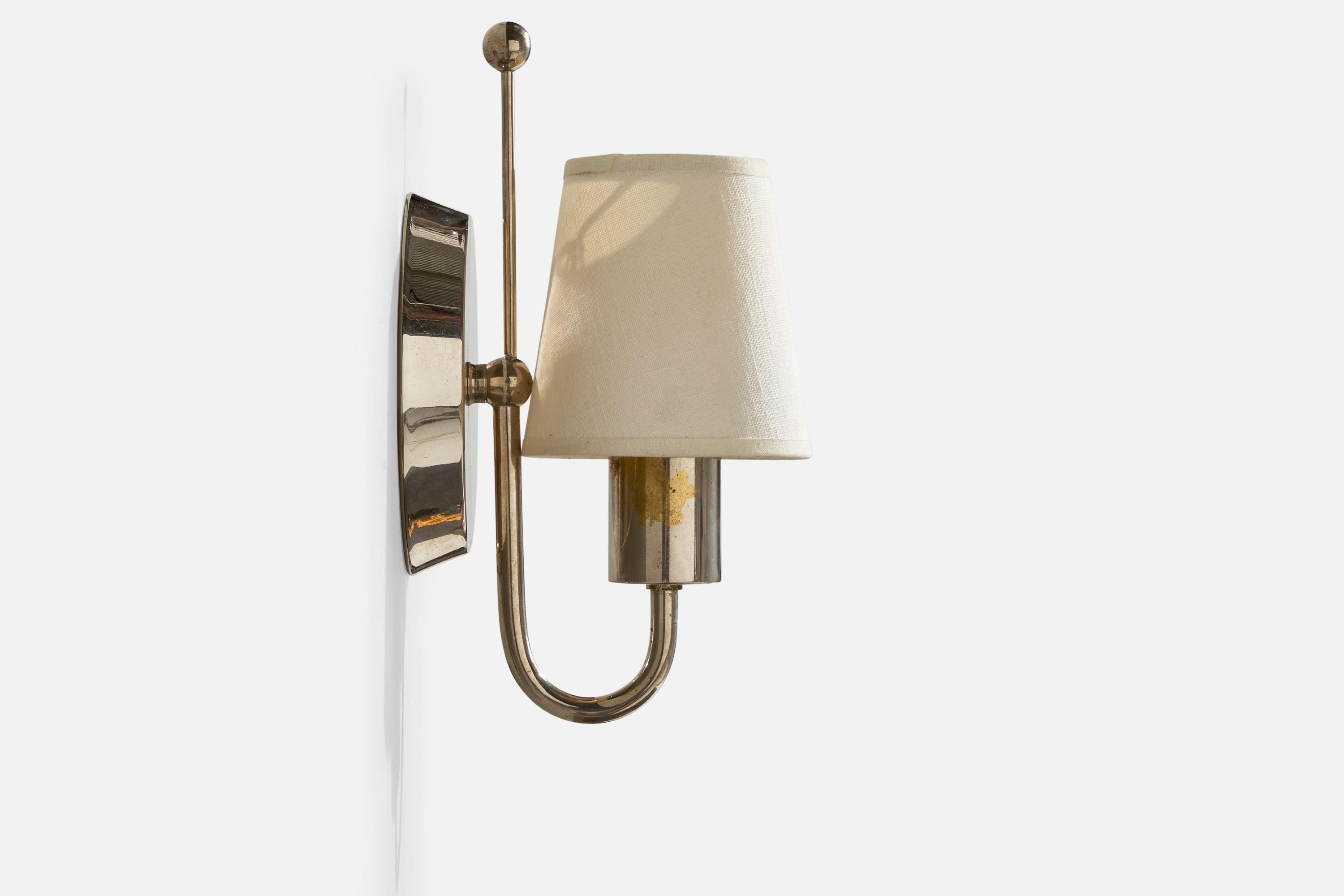 Finnish Paavo Tynell, Wall Light, Nickel, Fabric, Finland, 1930s For Sale