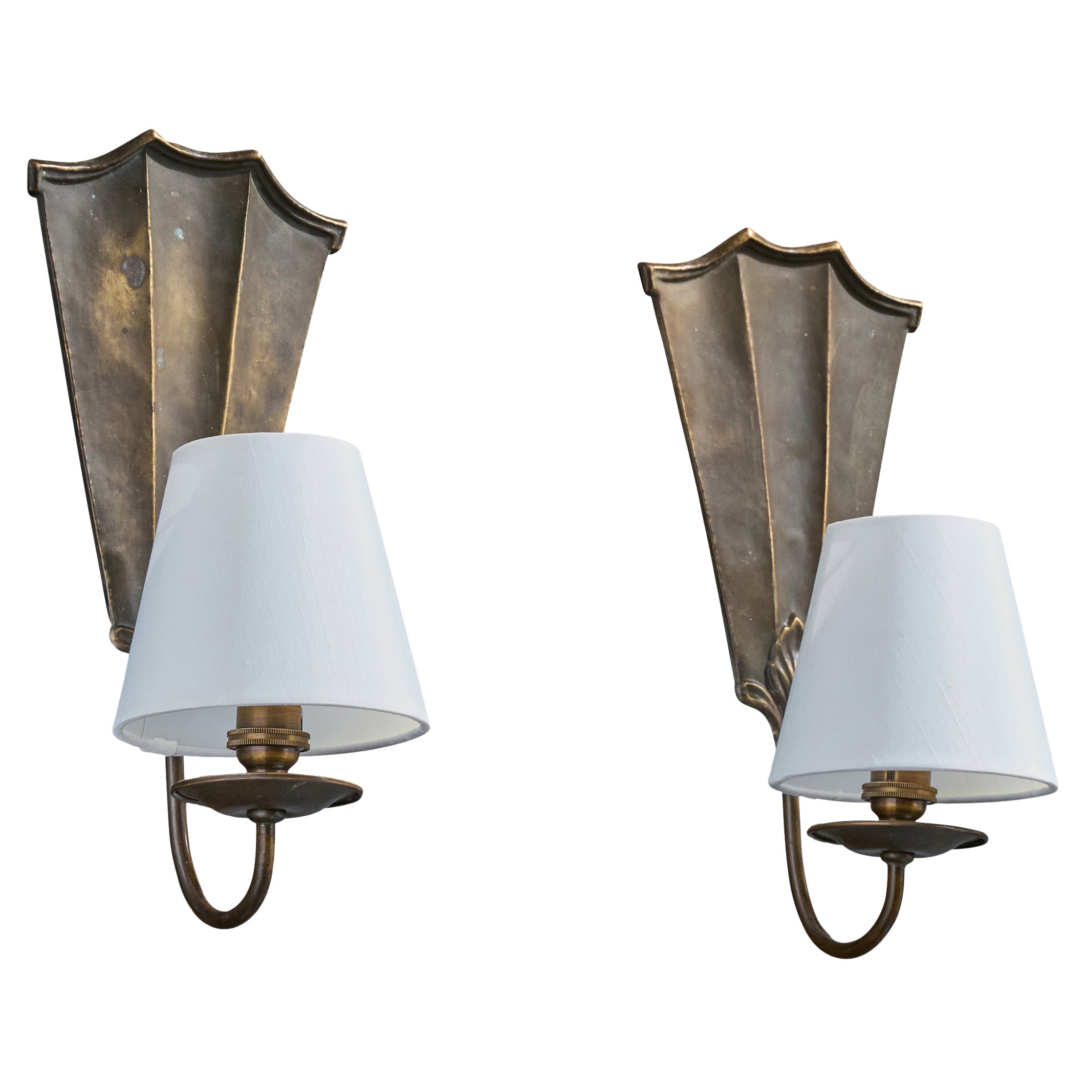 Paavo Tynell, Wall Lights, Brass, Fabric, Finland, 1930s