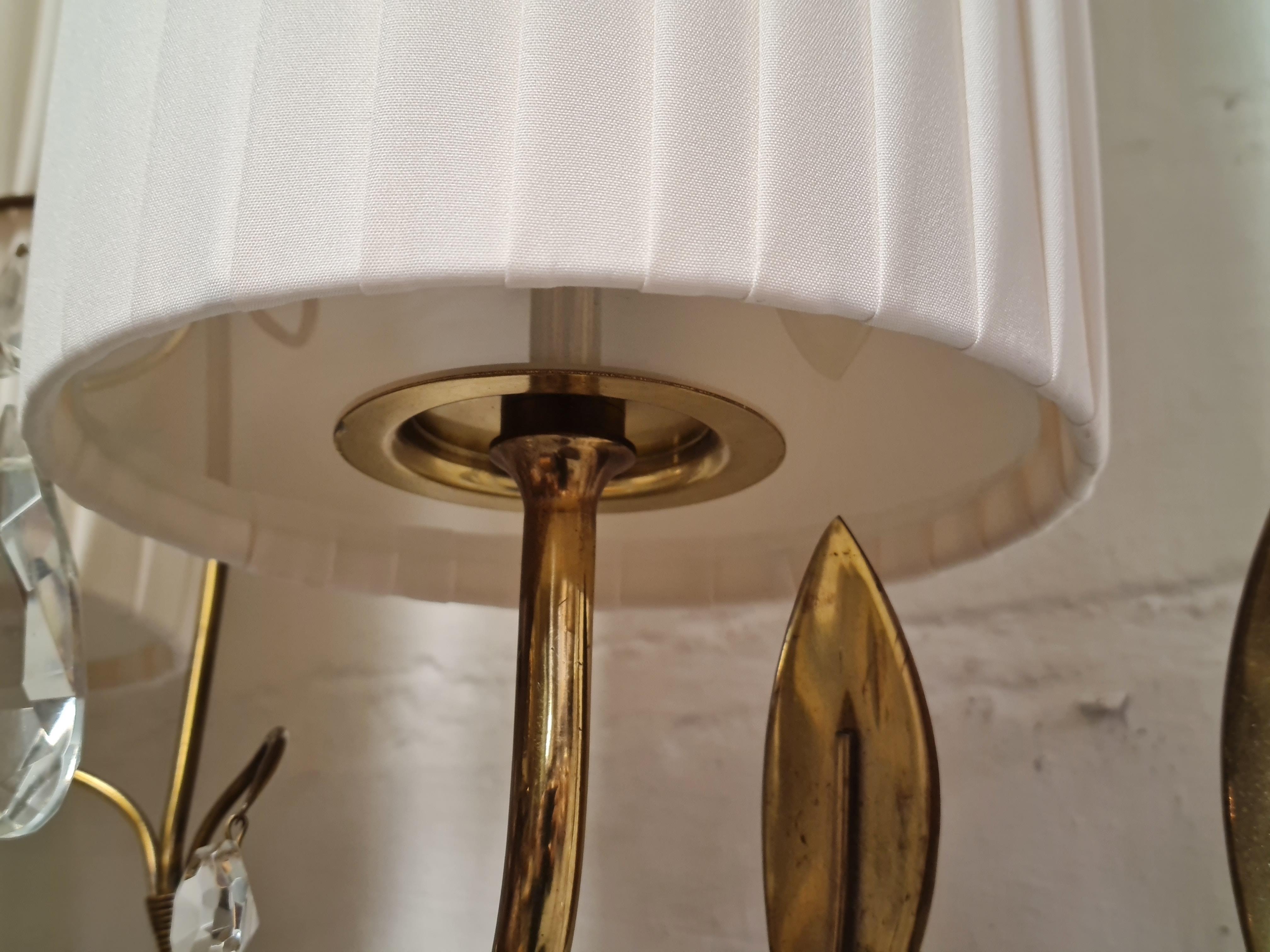 Paavo Tynell Crystal Wall Lights Model 9473, Brass, Fabric and Glass Taito 1950s For Sale 4