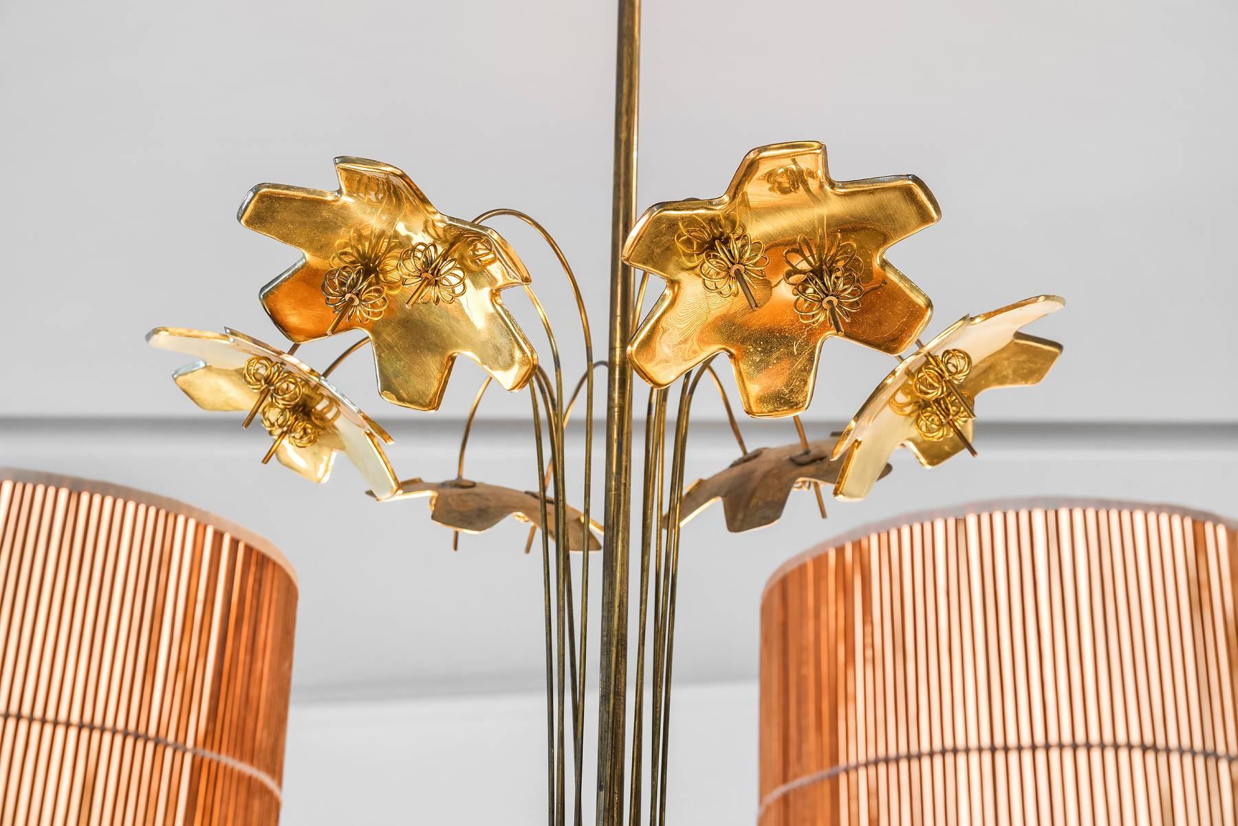 Finnish Paavo Tynell, Large Chandelier with Six Snowflakes, Brass, Reed, Taito OY, 1940s