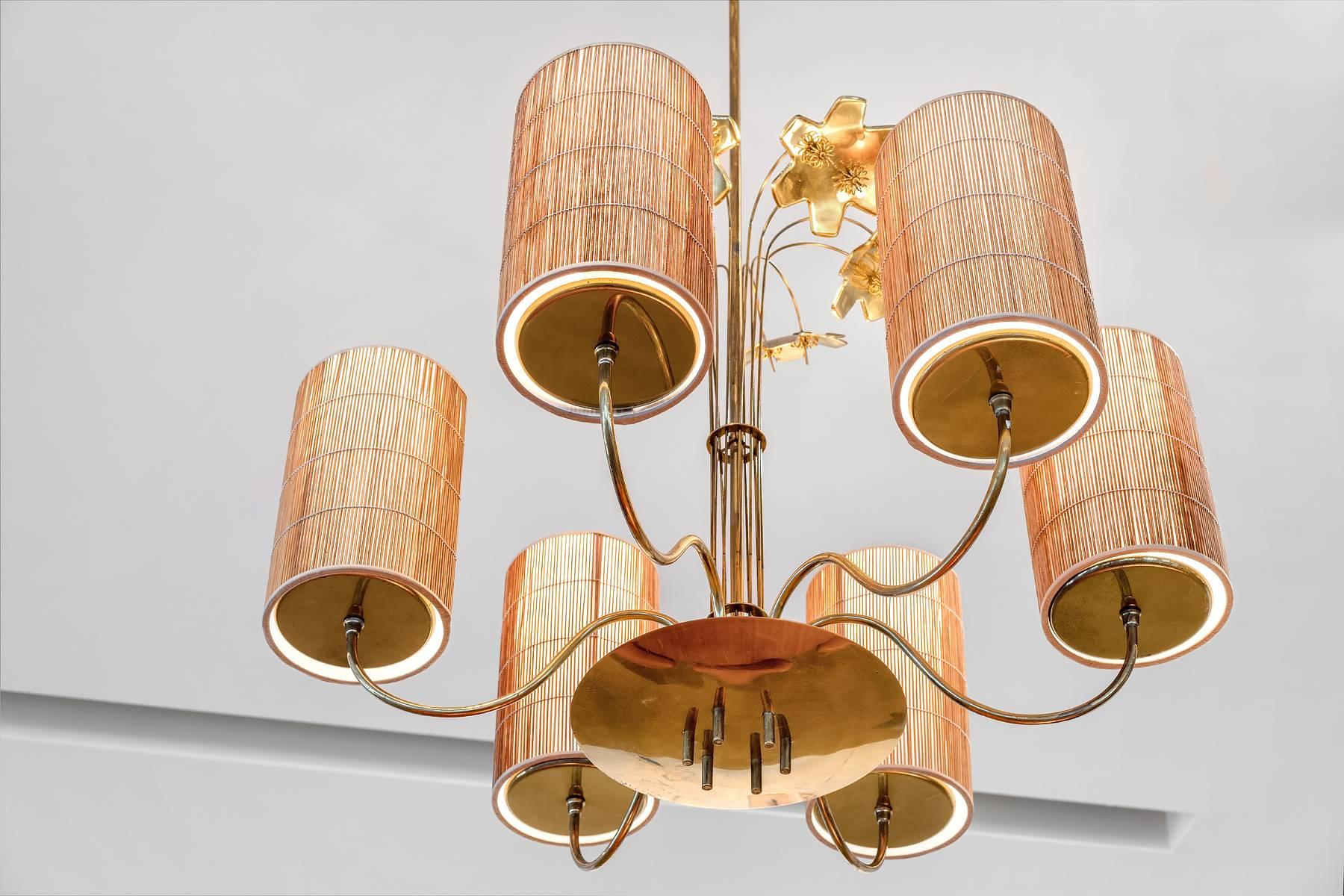 Mid-20th Century Paavo Tynell, Large Chandelier with Six Snowflakes, Brass, Reed, Taito OY, 1940s