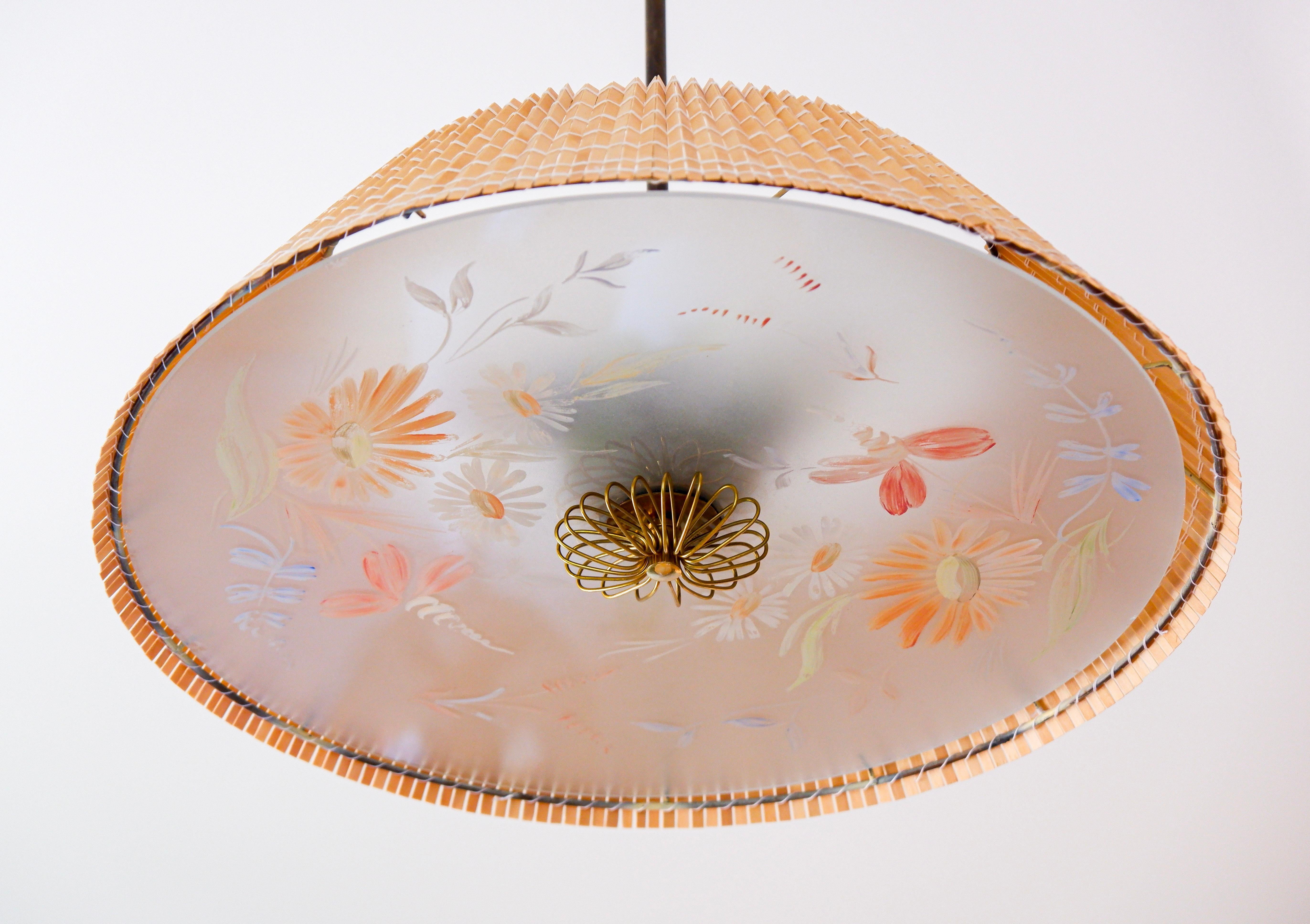 Paavo Tynell pendant lamp Paavo with hand painted glass diffuser by Kyllikki Salmenhaara, manufactured by Idman in the the 40's. The lamp is in good overhall condition the painting is well preserved and the glass has only small lacks on edges. The