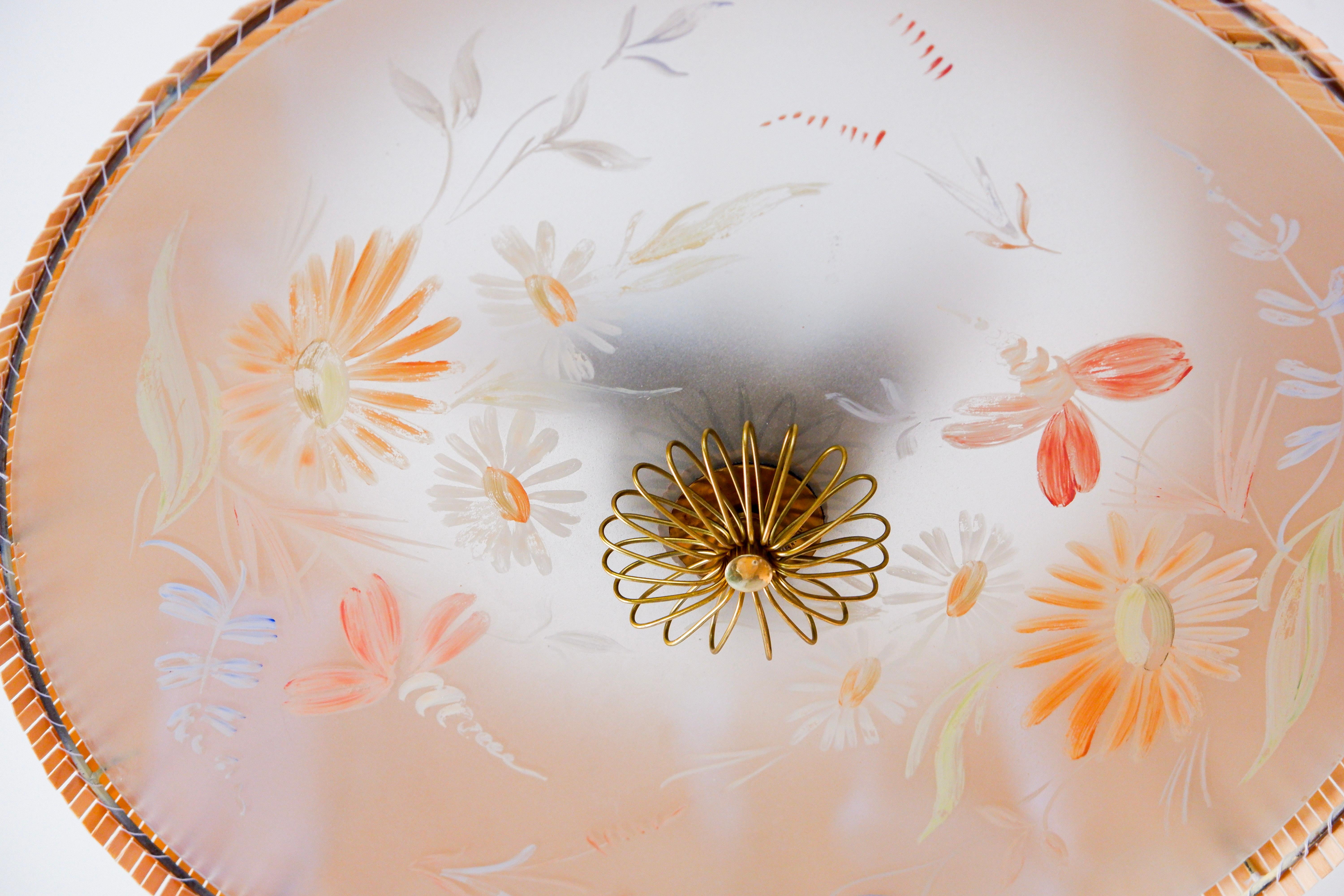 Scandinavian Modern Paavo Tynell's pendant & hand painted glass diffuser by Kyllikki Salmenhaara. For Sale