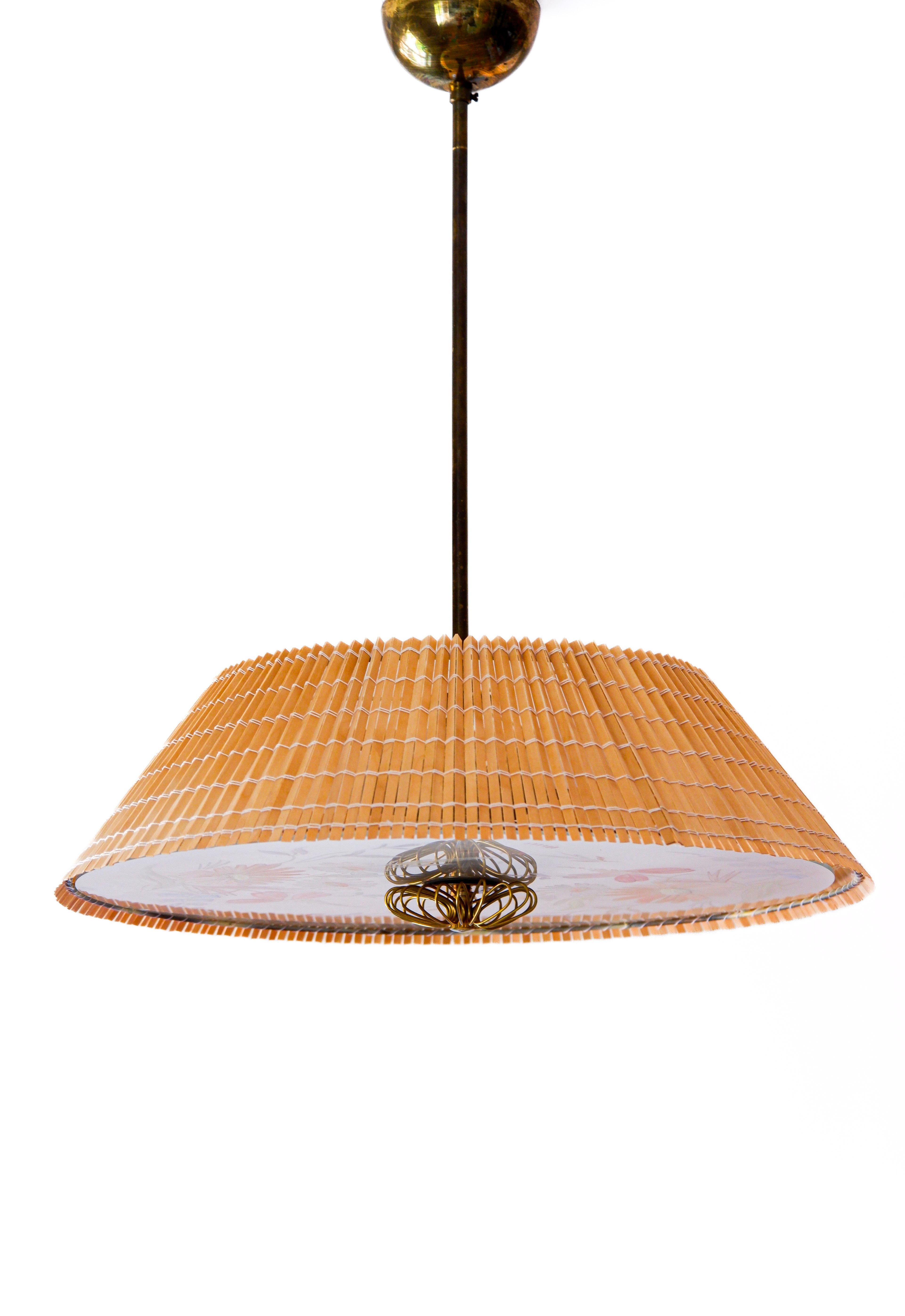 Finnish Paavo Tynell's pendant & hand painted glass diffuser by Kyllikki Salmenhaara. For Sale