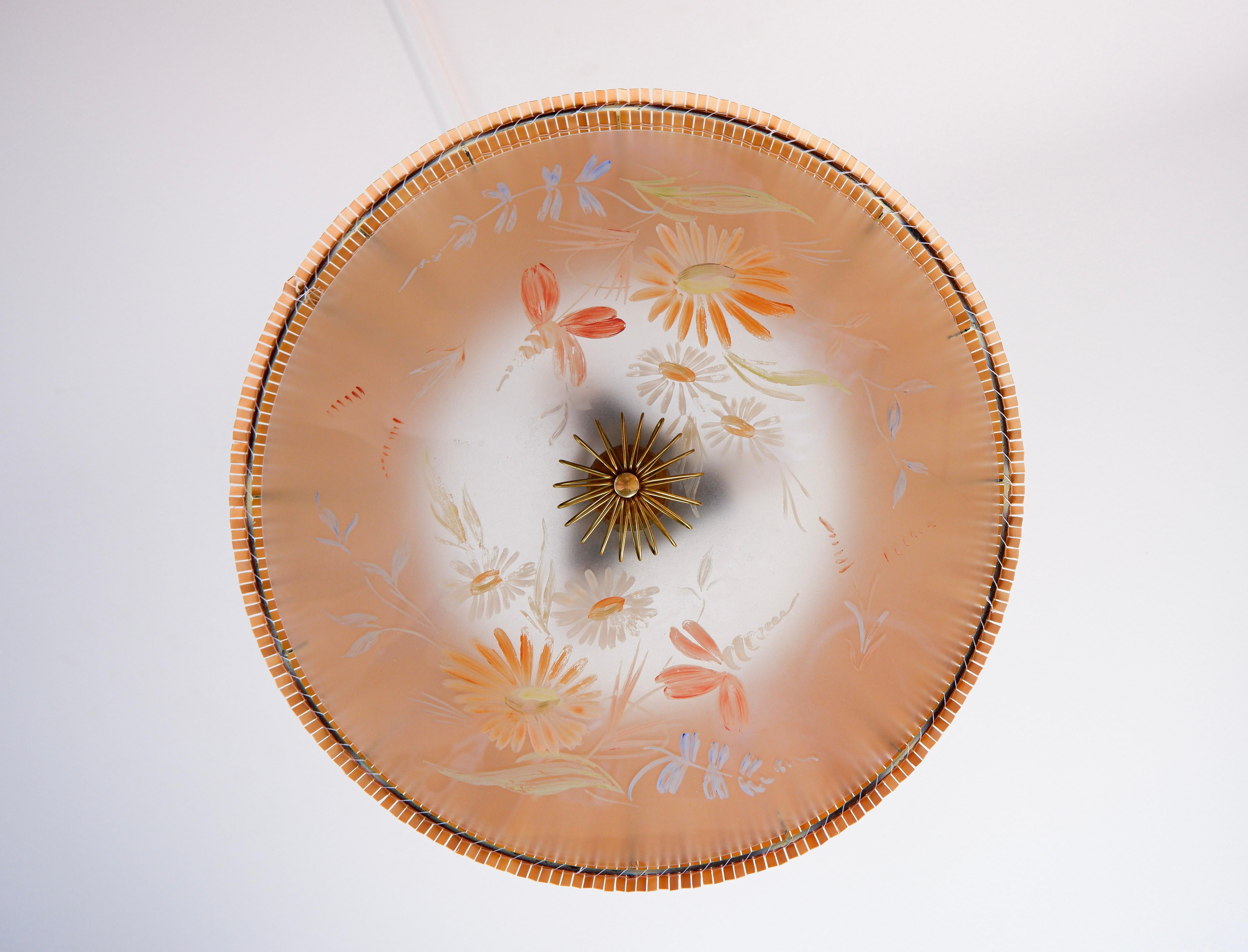 Paavo Tynell's pendant & hand painted glass diffuser by Kyllikki Salmenhaara. In Fair Condition For Sale In Hägersten-Liljeholmen, Stockholms län