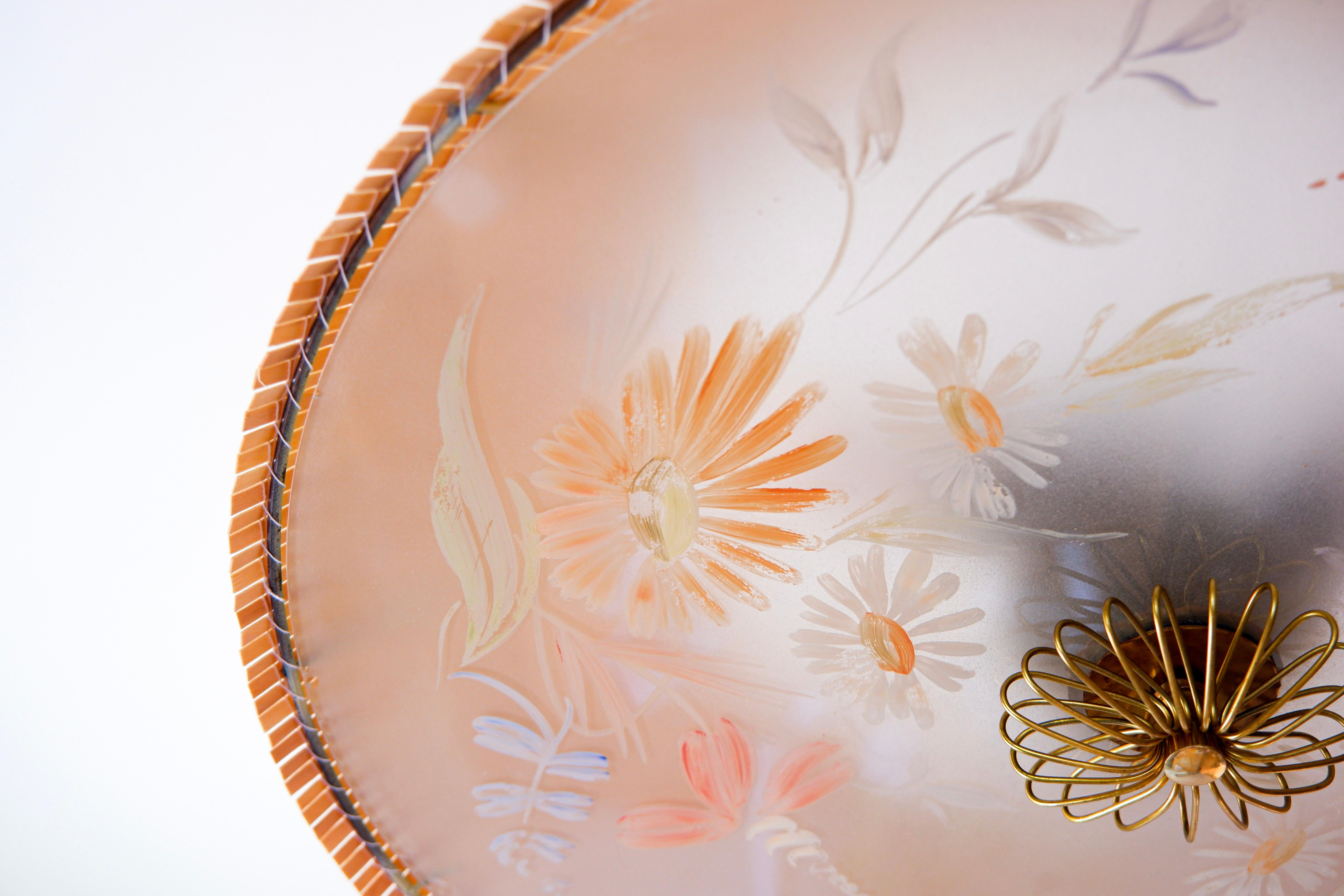 Mid-20th Century Paavo Tynell's pendant & hand painted glass diffuser by Kyllikki Salmenhaara. For Sale