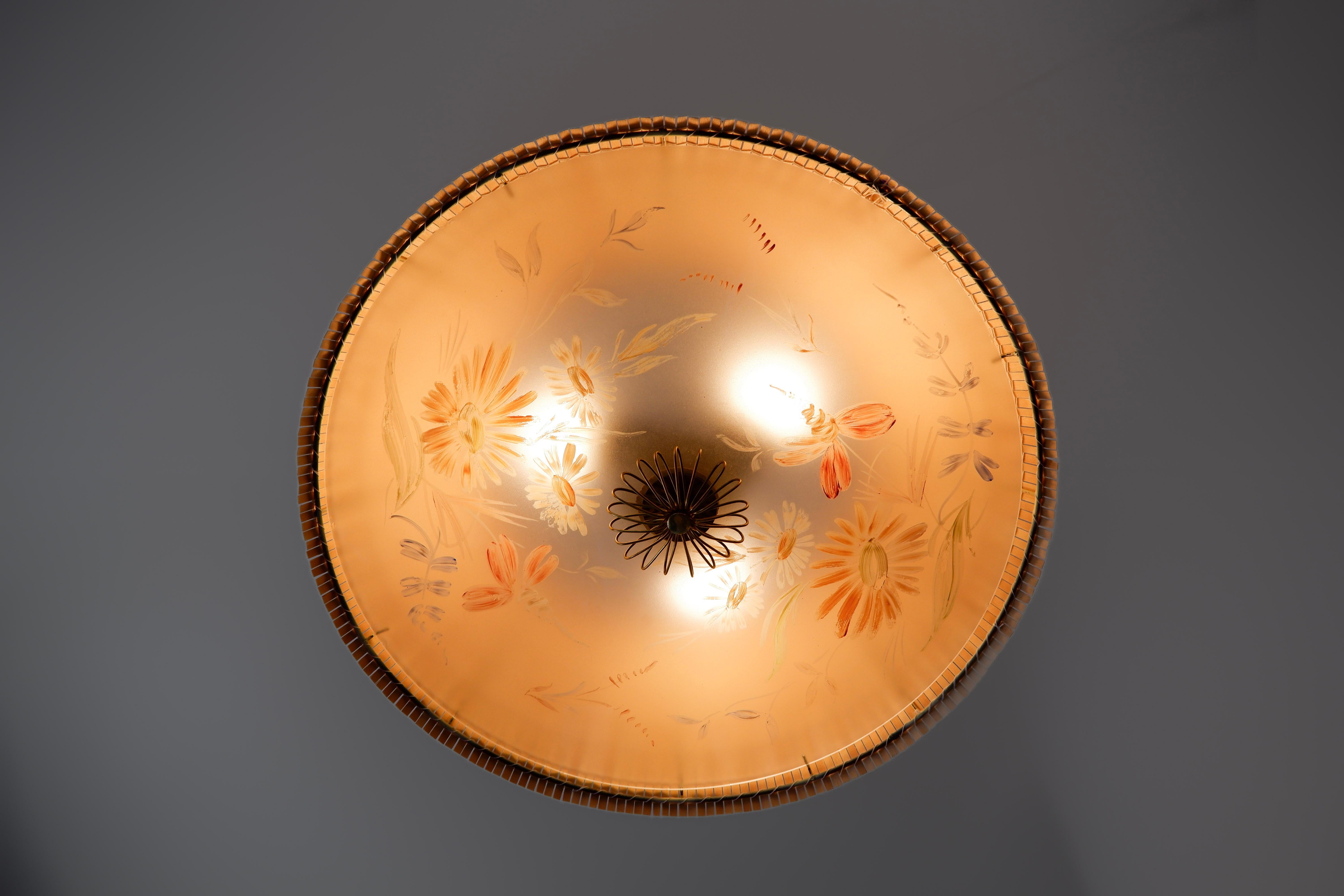 Paavo Tynell's pendant & hand painted glass diffuser by Kyllikki Salmenhaara. For Sale 1