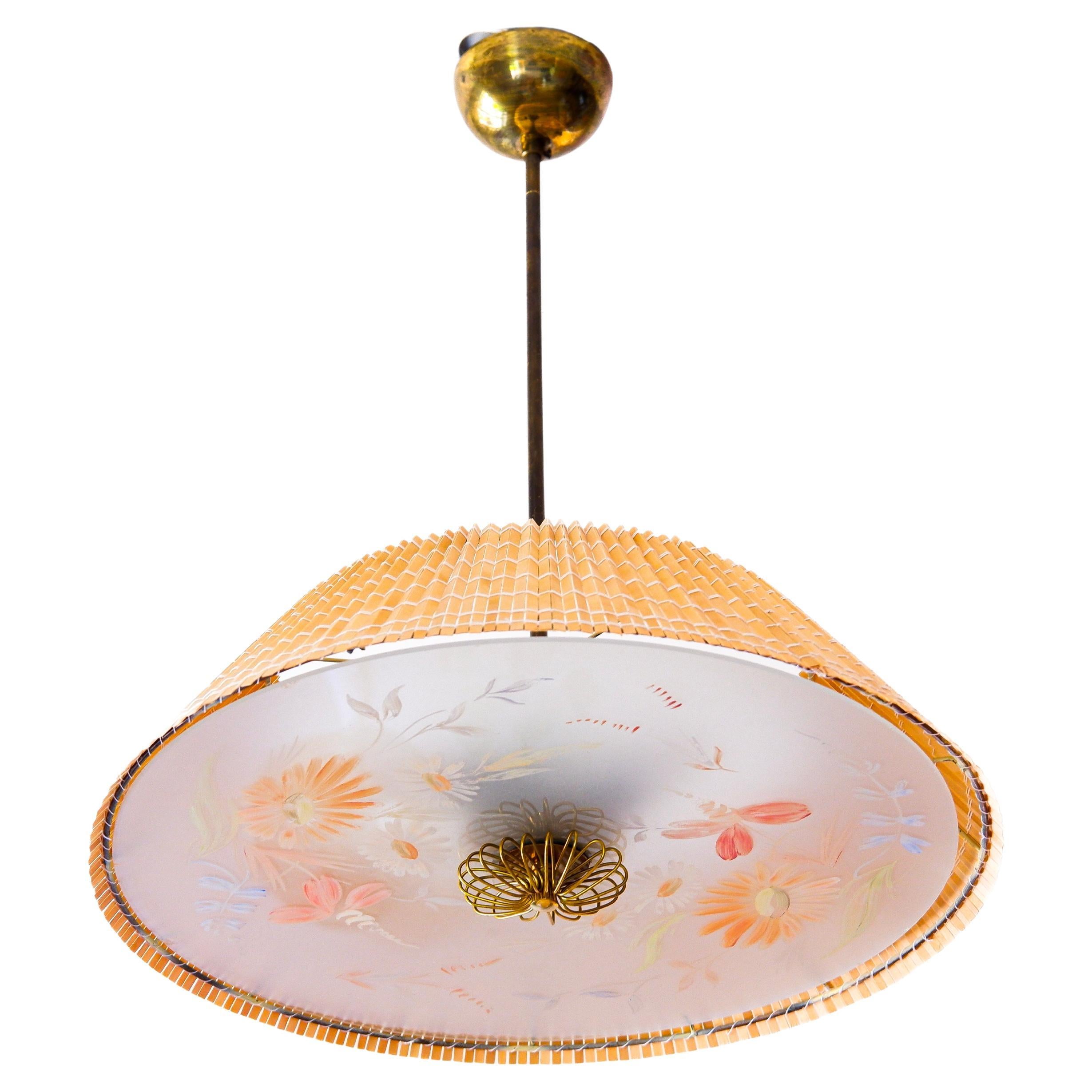 Paavo Tynell's pendant & hand painted glass diffuser by Kyllikki Salmenhaara. For Sale