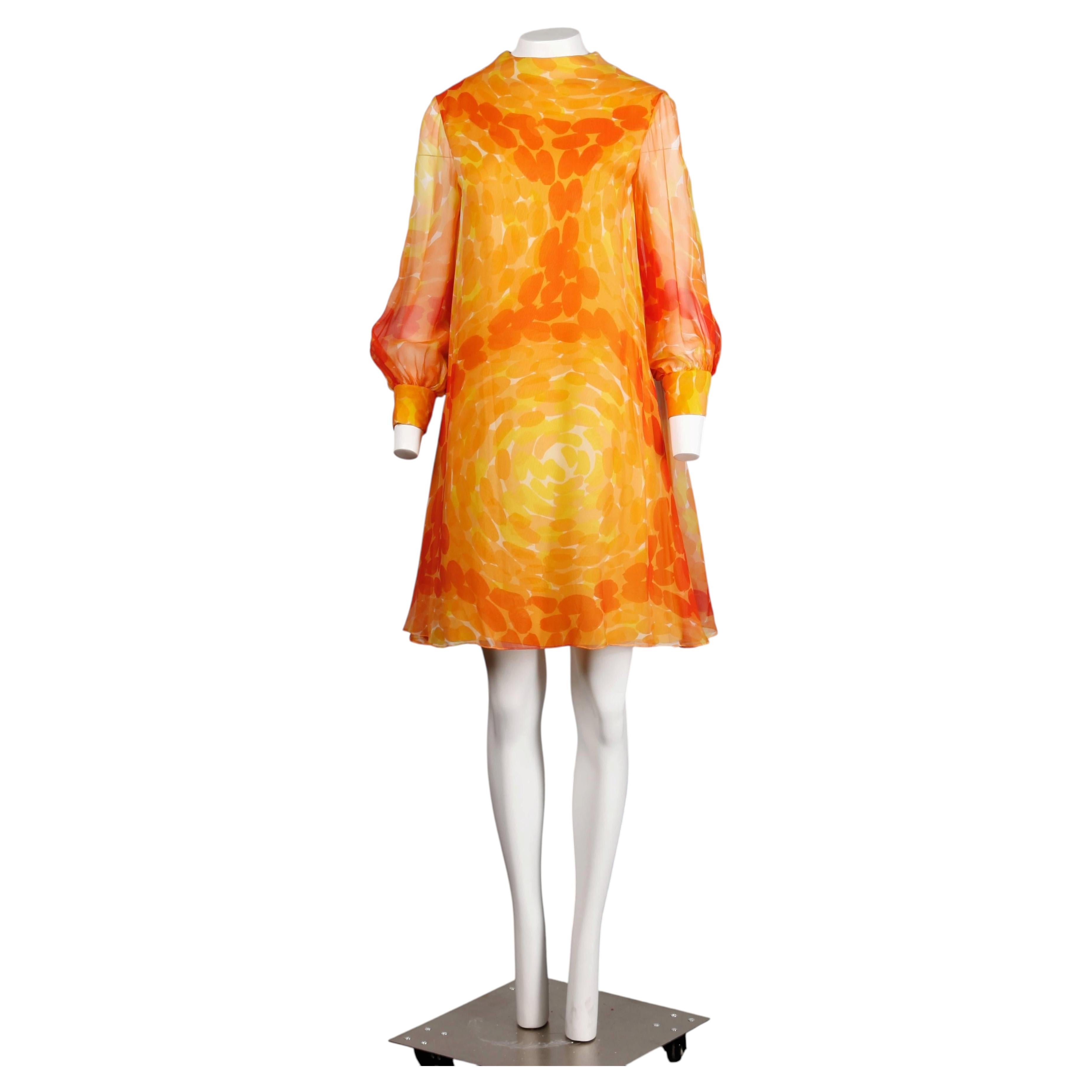 Robe mod vintage Pab des années 1960 en mousseline de soie sérigraphiée, jaune et orange