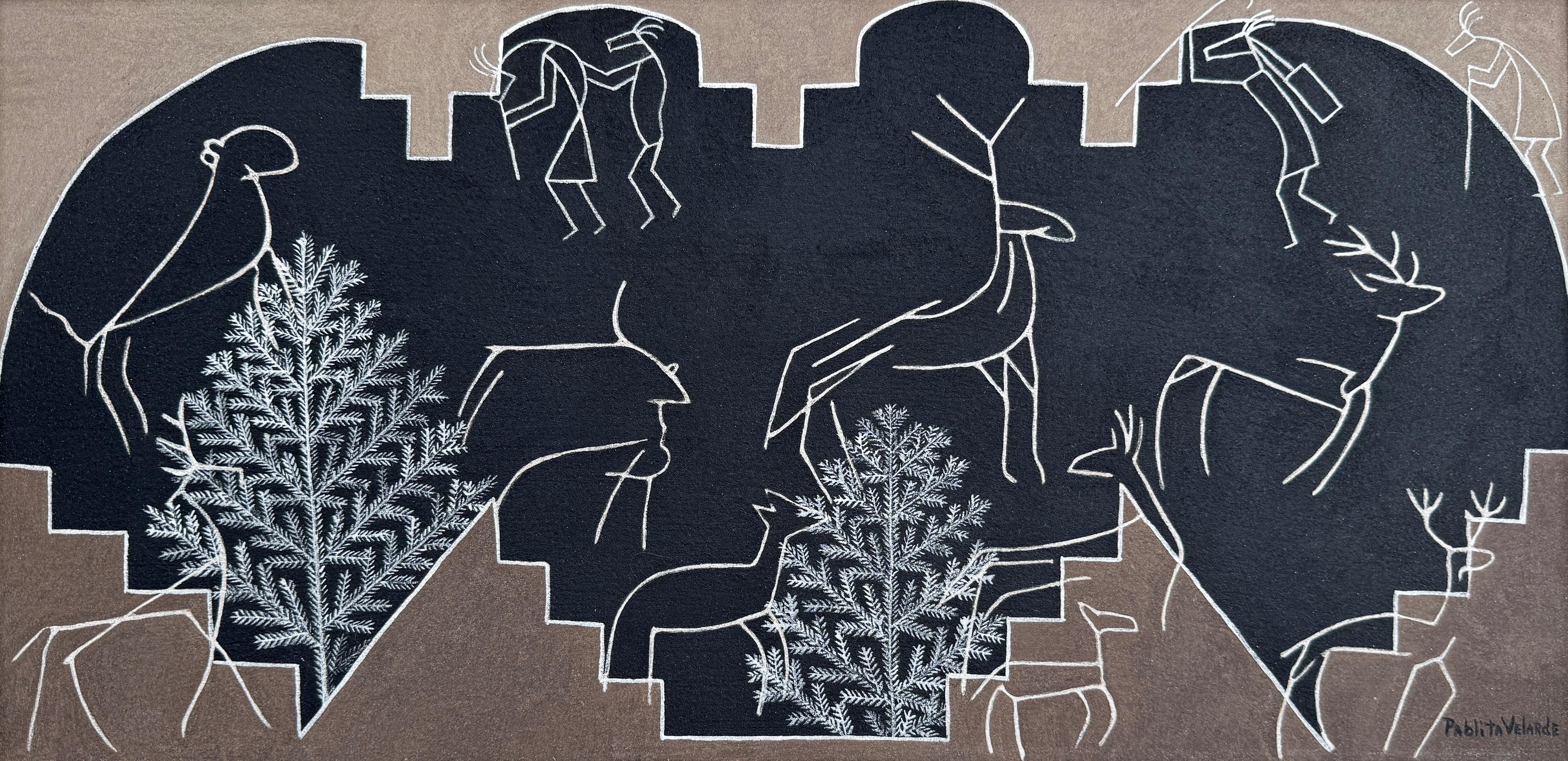 Pablita Velarde
Die Hirschherde, ca. 1965
Signiert unten rechts
Erdpigmente auf Sandbrett
9 3/4 x 19 1/2 Zoll

Provenienz
Private Collection, New Mexico
Santa Fe-Auktion
Private Collection, Texas
Dancing Rabbit Gallery: Amerikanische Indianerkunst,