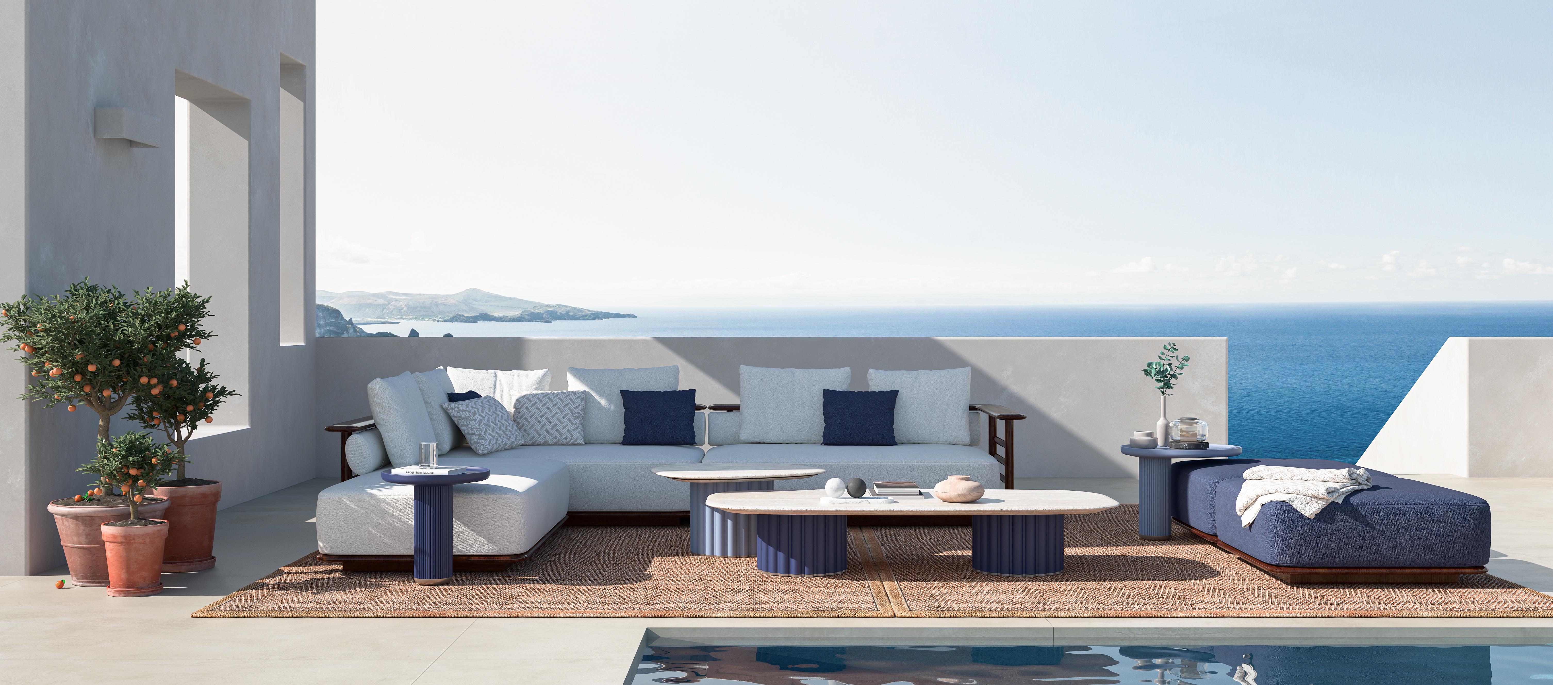 A rectangular outdoor table with a lacquered structure and a luxurious marble top. The sleek, powder-coated frame provides both durability and a contemporary look, while the smooth marble surface adds an elegant touch. The top features subtle