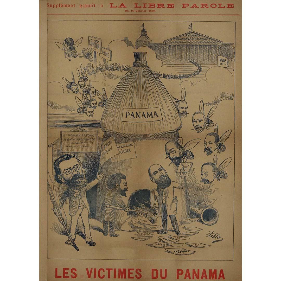 Published in 1893, this rare original lithographic poster by the illustrator Pablo was issued as a supplement to the French newspaper La Libre Parole under the title "Les Victimes du Panama" ("The Victims of Panama"). Produced in the aftermath of
