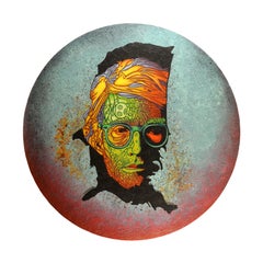 Andy Warhol's portrait "On The Map" - Acrylic on wood, blue circle wall art
